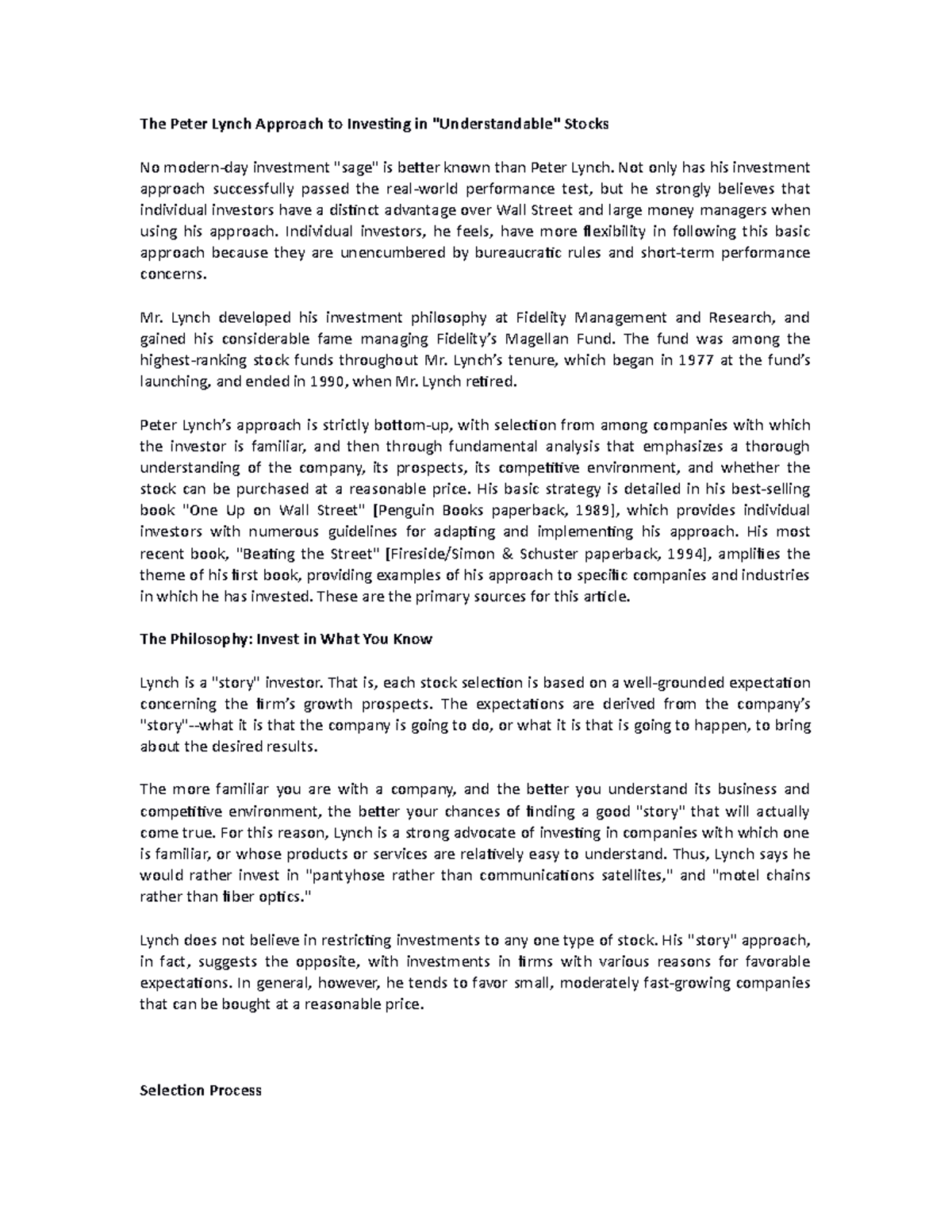 Peter Lynch Summary The Peter Lynch Approach to Investing in