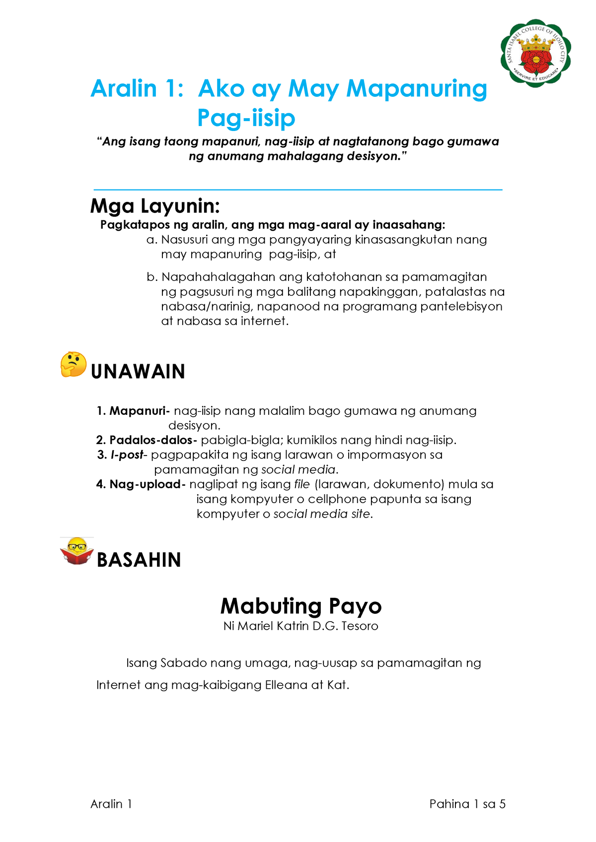 esp-5-aralin-1-aralin-1-ako-ay-may-mapanuring-pag-iisip-ang