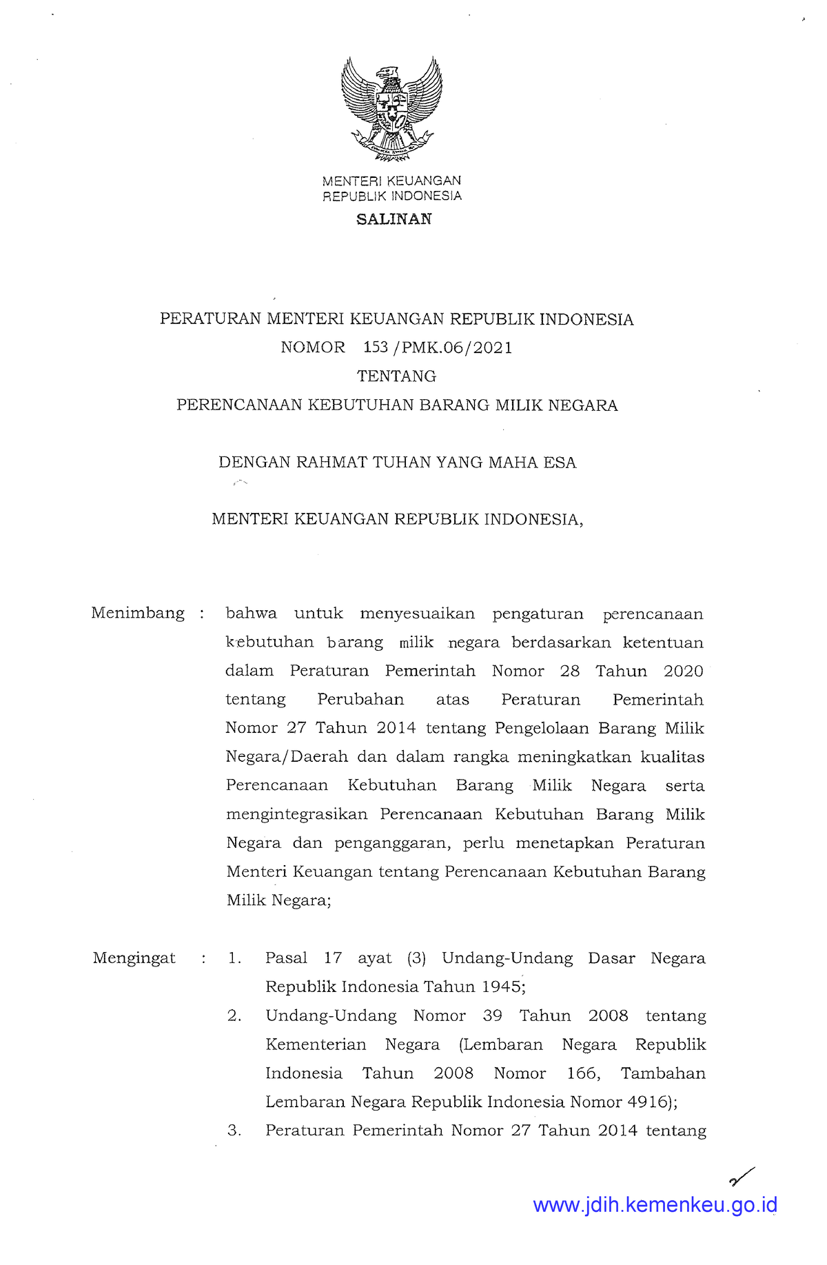 153~PMK - Yes - MENTER! KEUANGAN REPUBLIK INDONESIA SALINAN PERATURAN ...