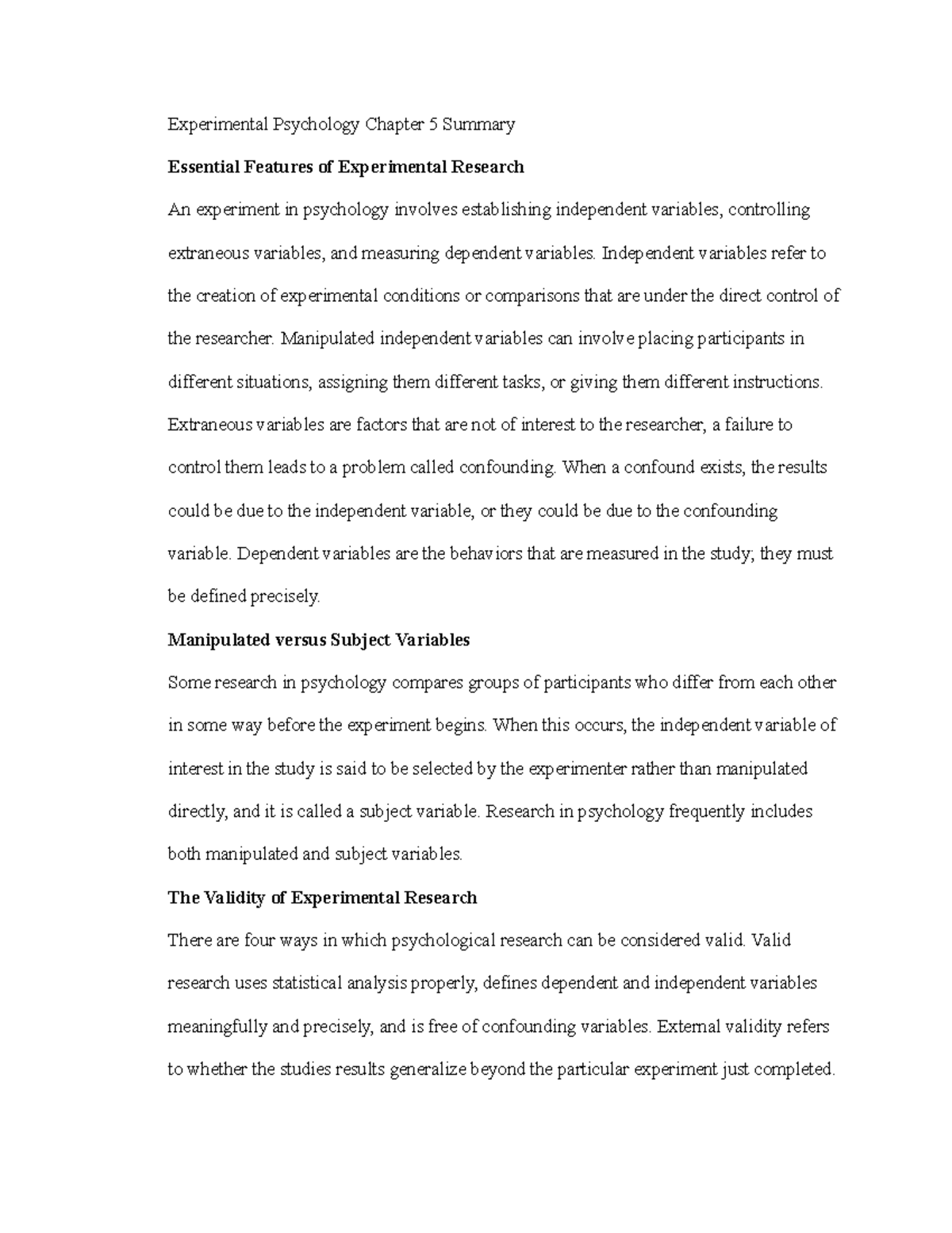 Experimental Psychology Chapter 5 Summary - Experimental Psychology ...