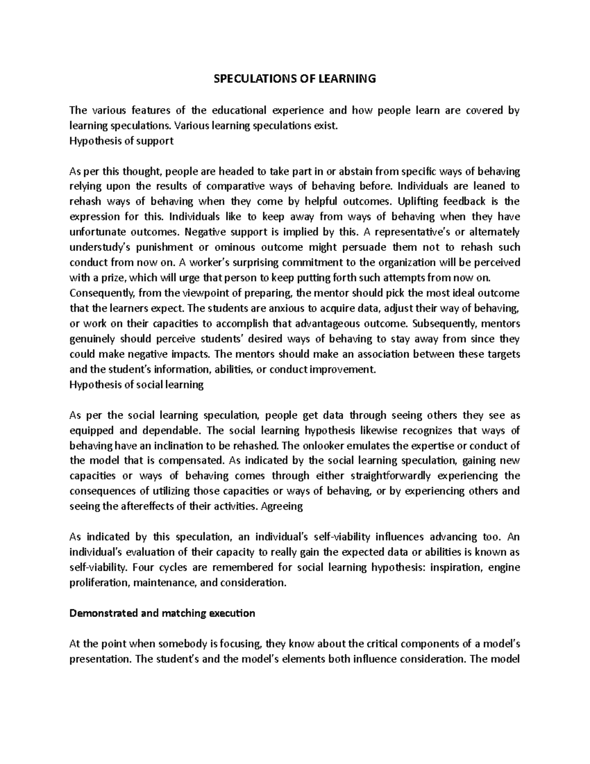 Speculations OF Learning SPECULATIONS OF LEARNING The various