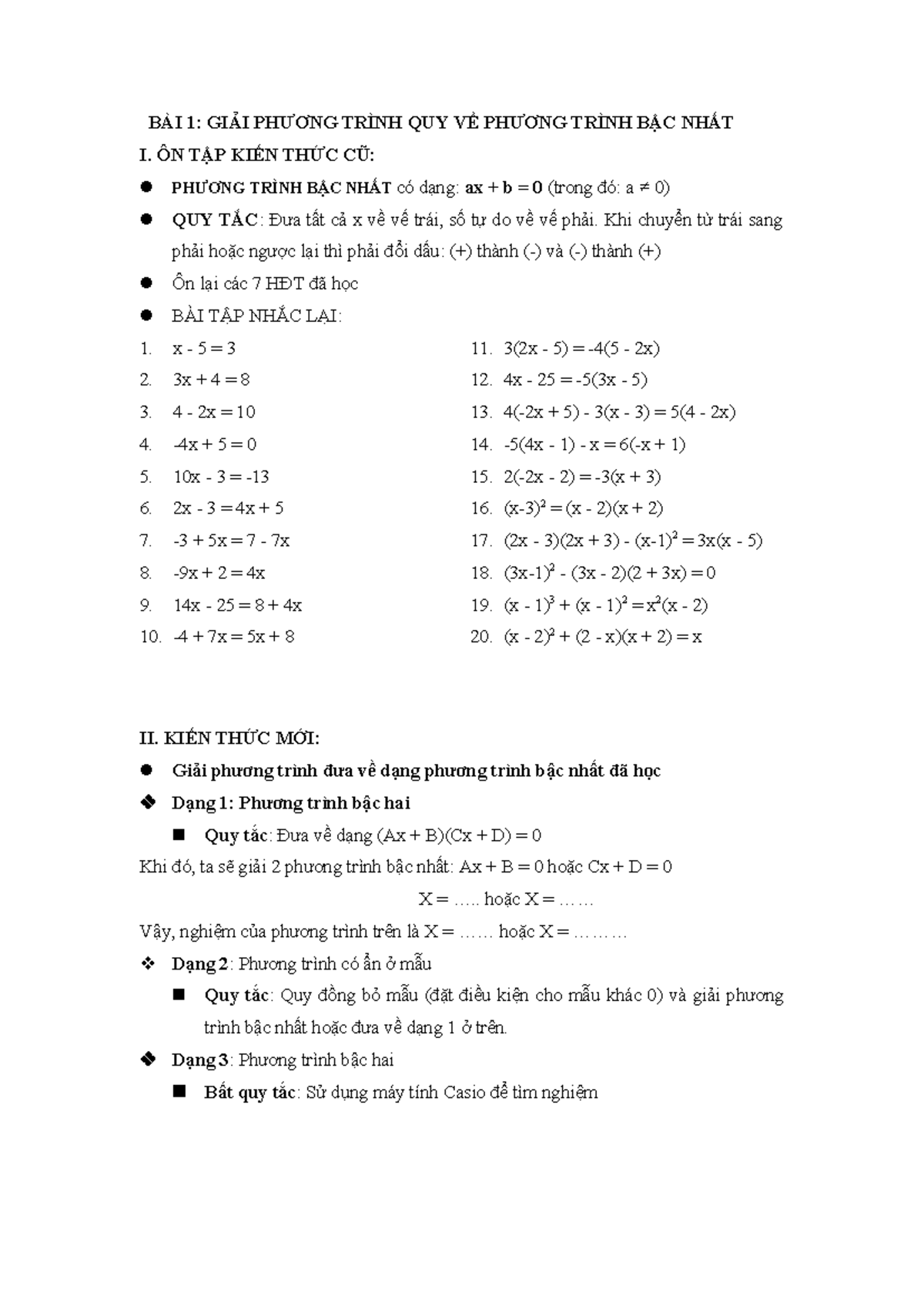 BÀI 1 QUY VỀ PTBN - Qqdqwqd - BÀI 1: GIẢI PHƯƠNG TRÌNH QUY VỀ PHƯƠNG ...