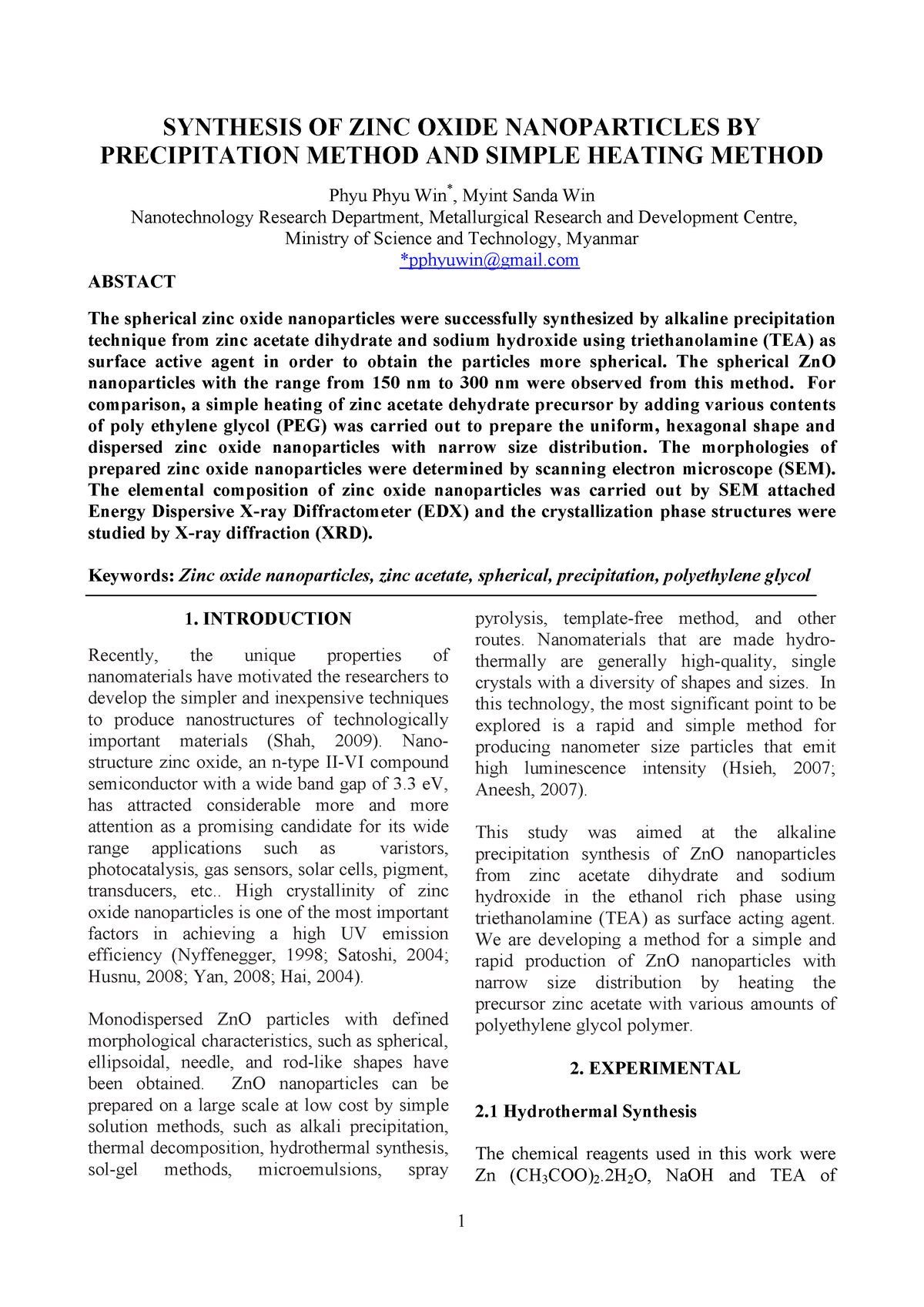 zinc oxide nanoparticles research paper