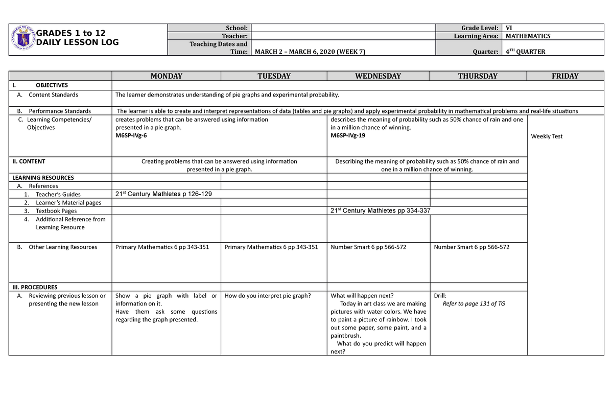 DLL Mathematics 6 Q4 W7 - GRADES 1 To 12 DAILY LESSON LOG School: Grade ...