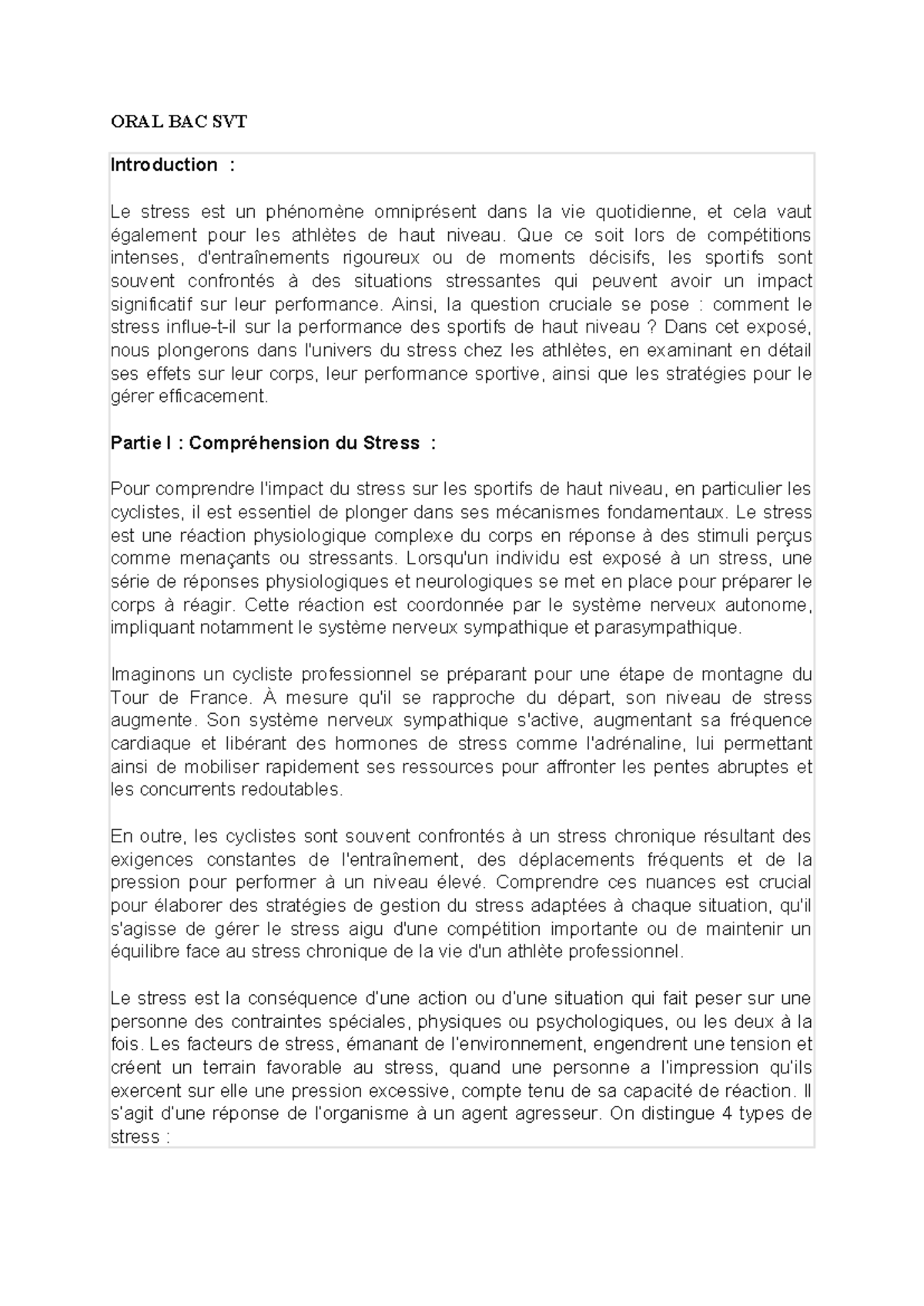 Grand oral svt sport et stress ORAL BAC SVT Introduction Le stress est un phénomène