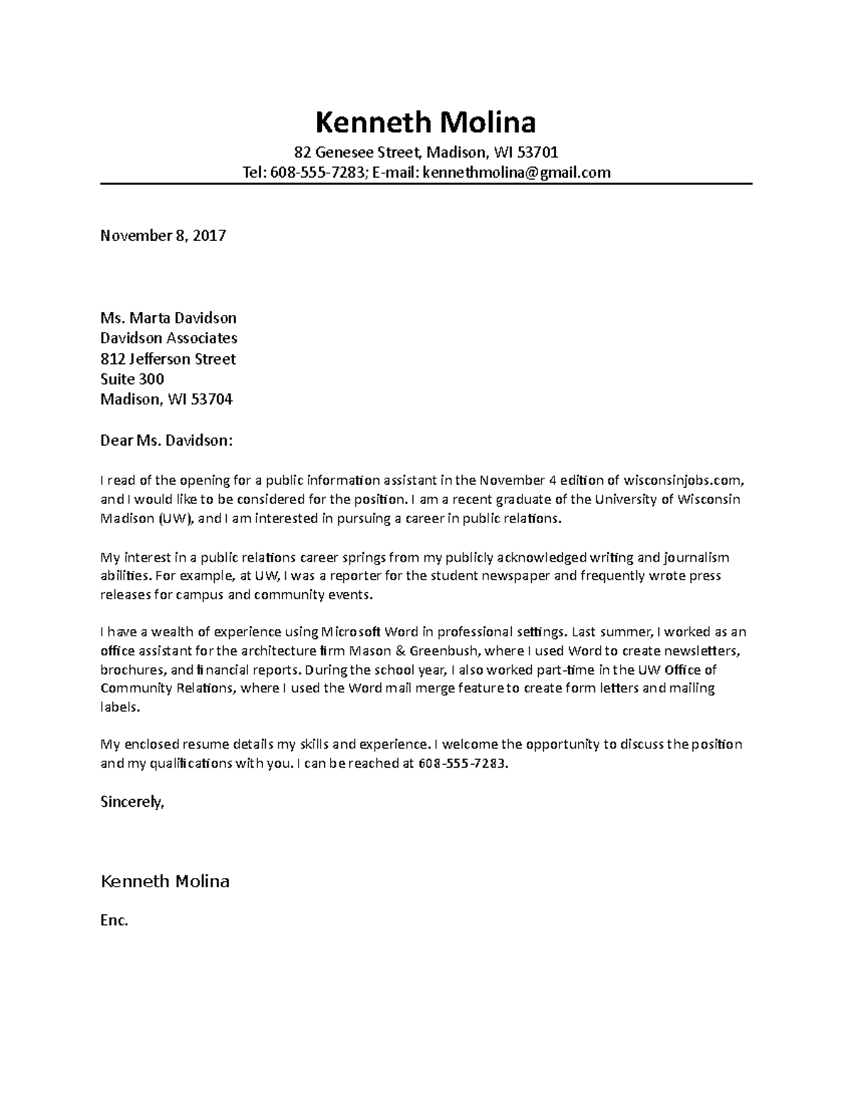 WD 1-Davidson Cover Letter - Kenneth Molina 82 Genesee Street, Madison ...