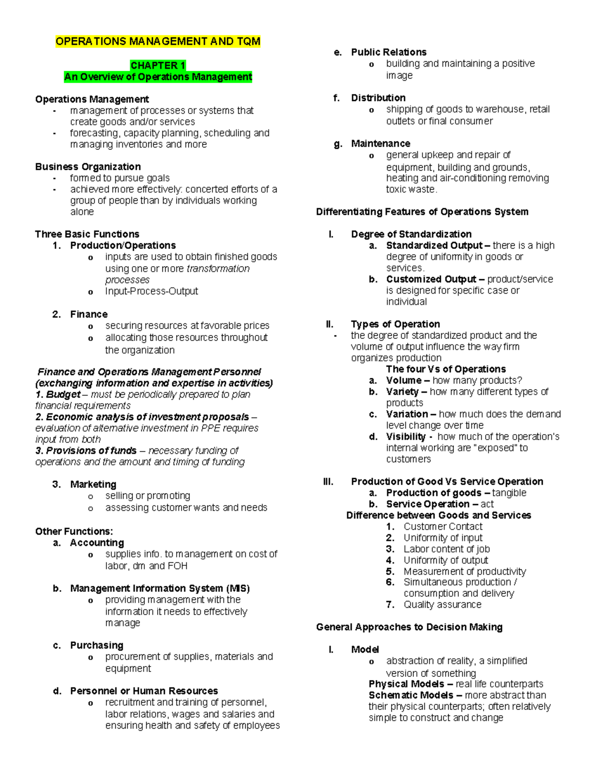 Midterm-Notes Chapter-1 - OPERATIONS MANAGEMENT AND TQM CHAPTER 1 An ...