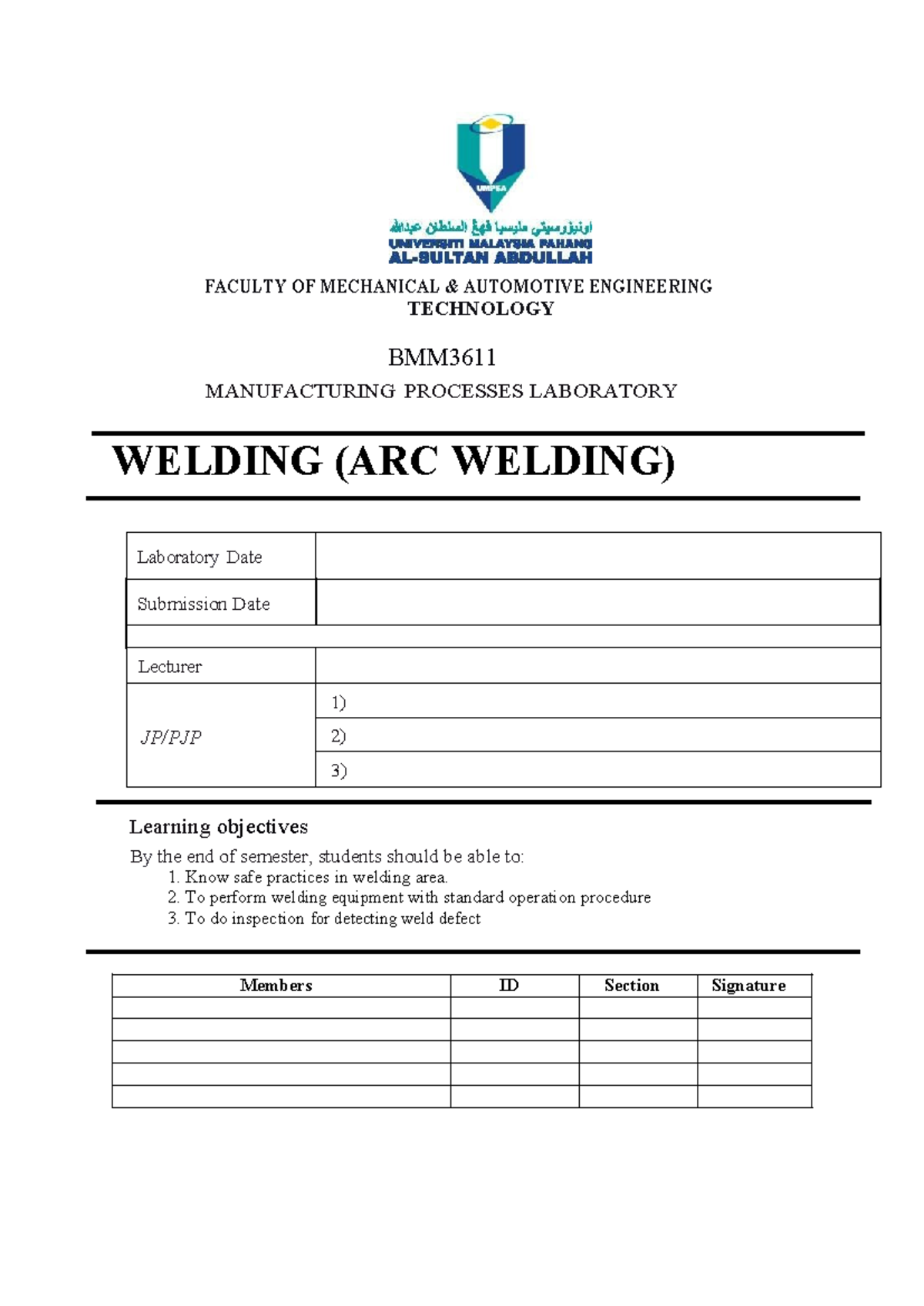 Welding lab sheet - i think this report too short - FACULTY OF ...