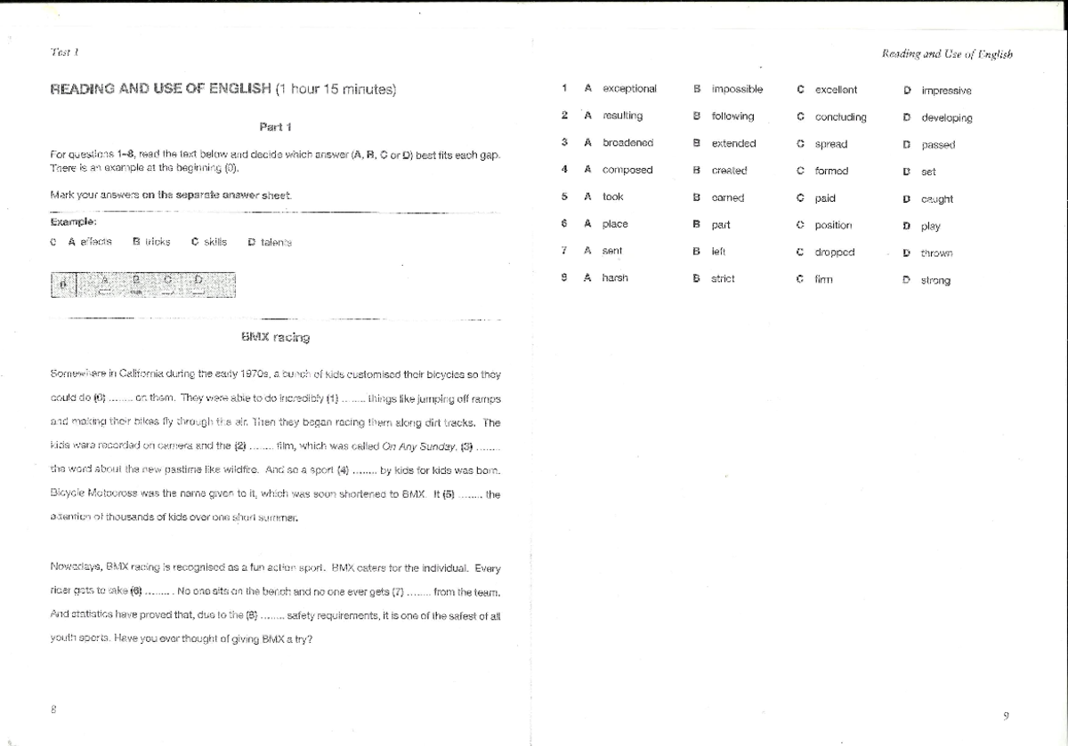 First for Schools Book 1 Test 1 Reading and Use of English - Lengua