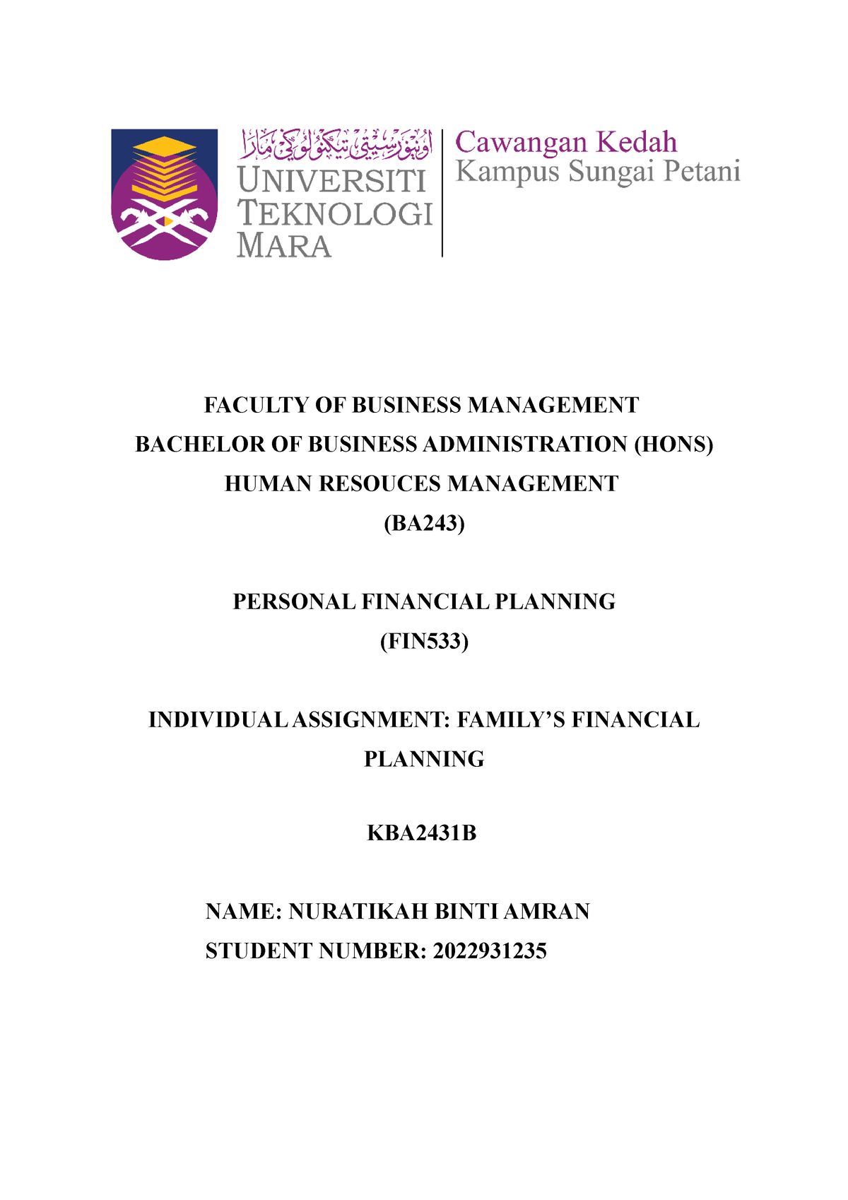 Individual Assignment FIN533 Nuratikah - FACULTY OF BUSINESS MANAGEMENT ...