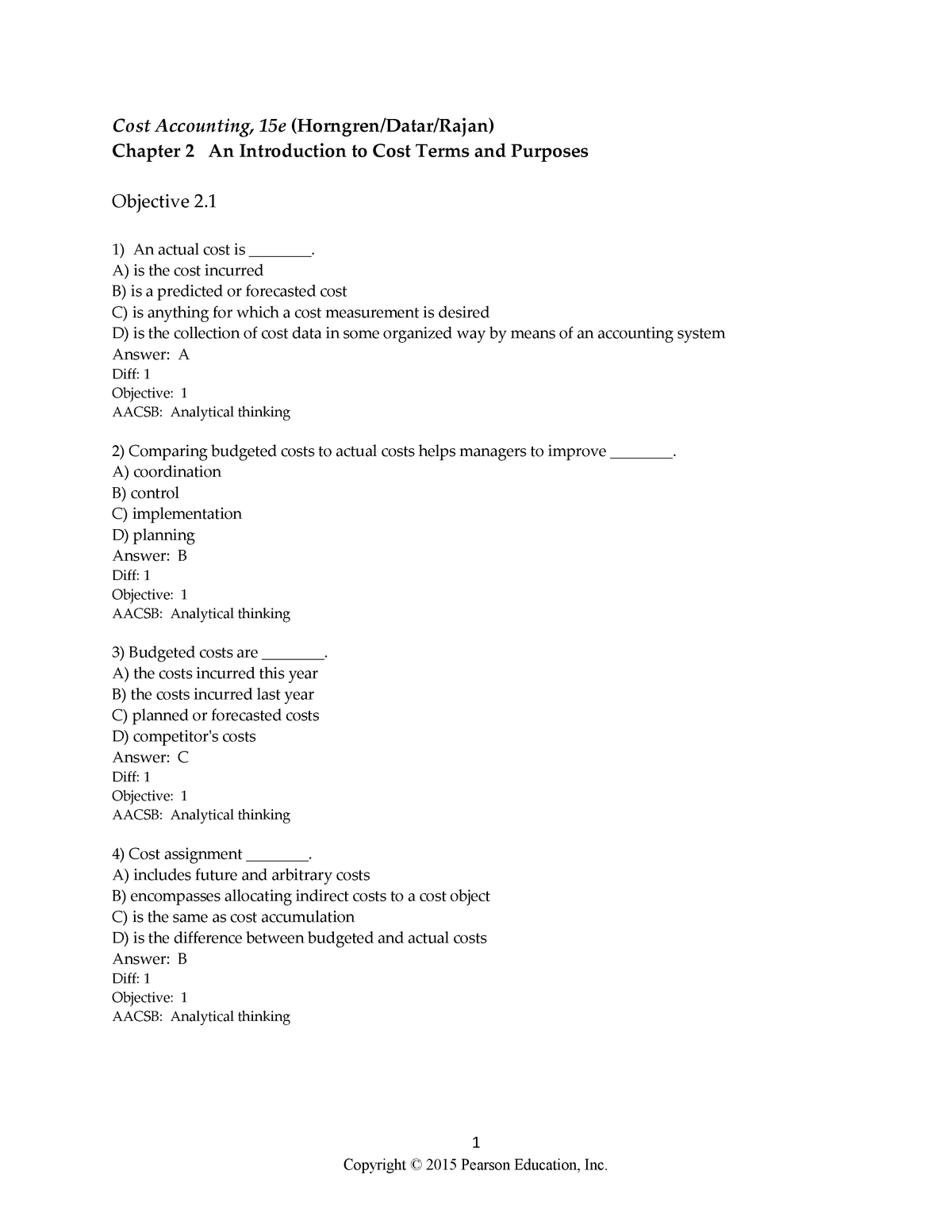 Test Bank-Ch2-Cost Accounting - 1 Cost Accounting, 15e (Horngren/Datar ...