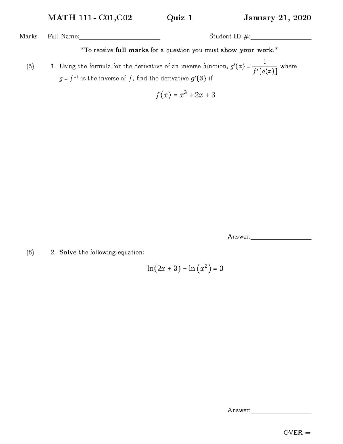 Quiz1 2020W V2 - Quiz Exam For Students - MATH 111 - C01,C02 Quiz 1 ...