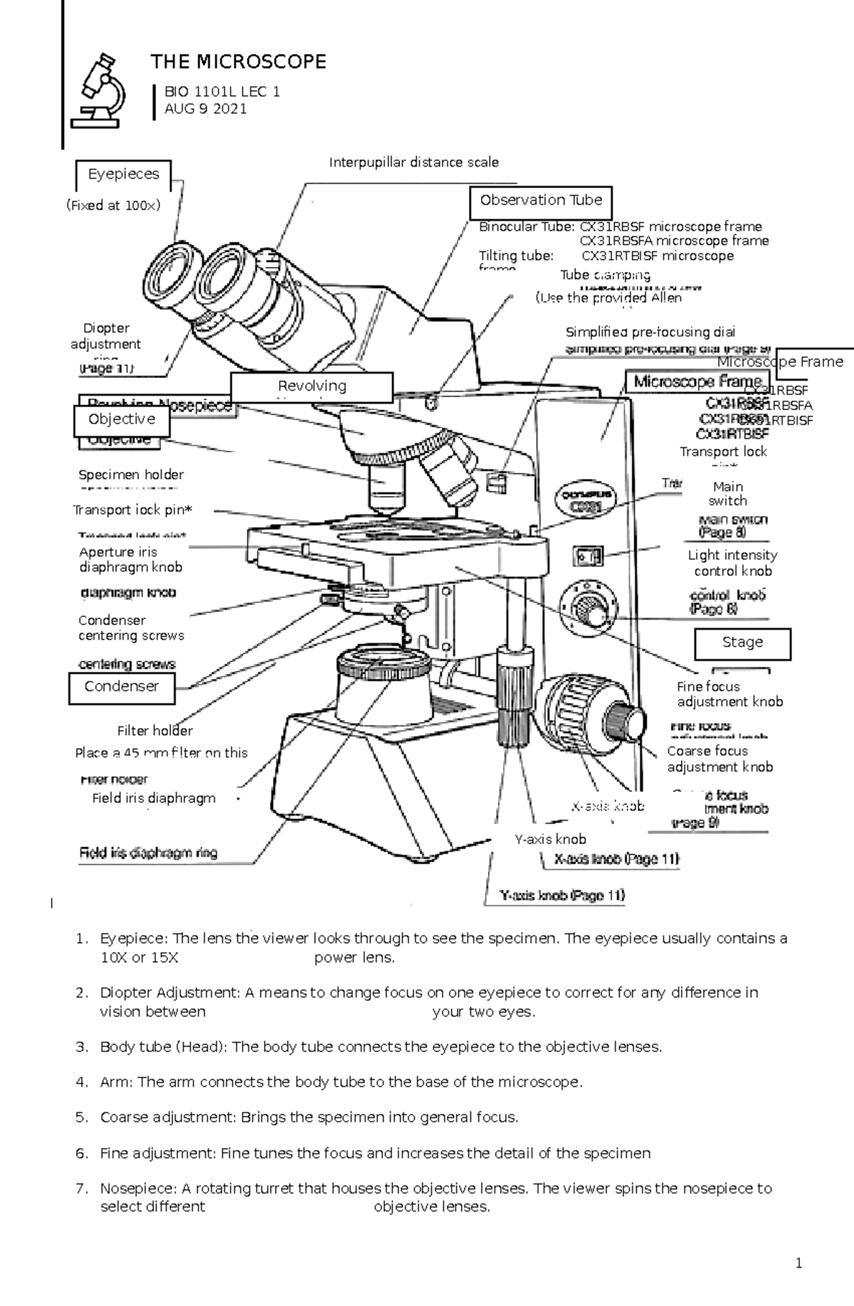 The Microscope Lecture notes 1 THE MICROSCOPE I. PARTS AND FUNCTION