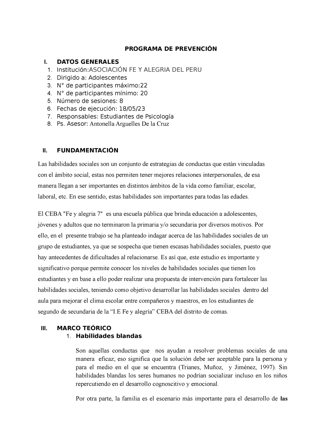 Programa DE Prevención - PROGRAMA DE PREVENCIÓN I. DATOS GENERALES 1 ...