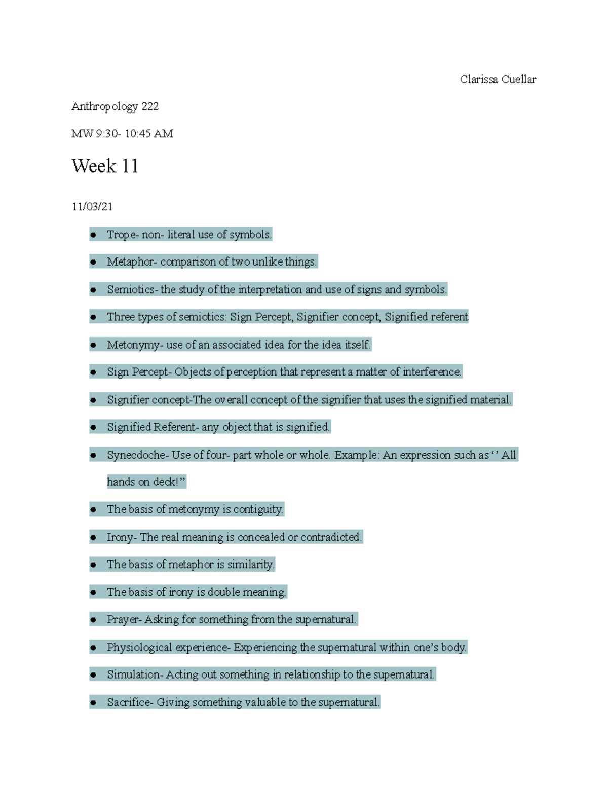 ANTH 222 Notes Weeks 1115 Clarissa Cuellar Anthropology 222 MW 930