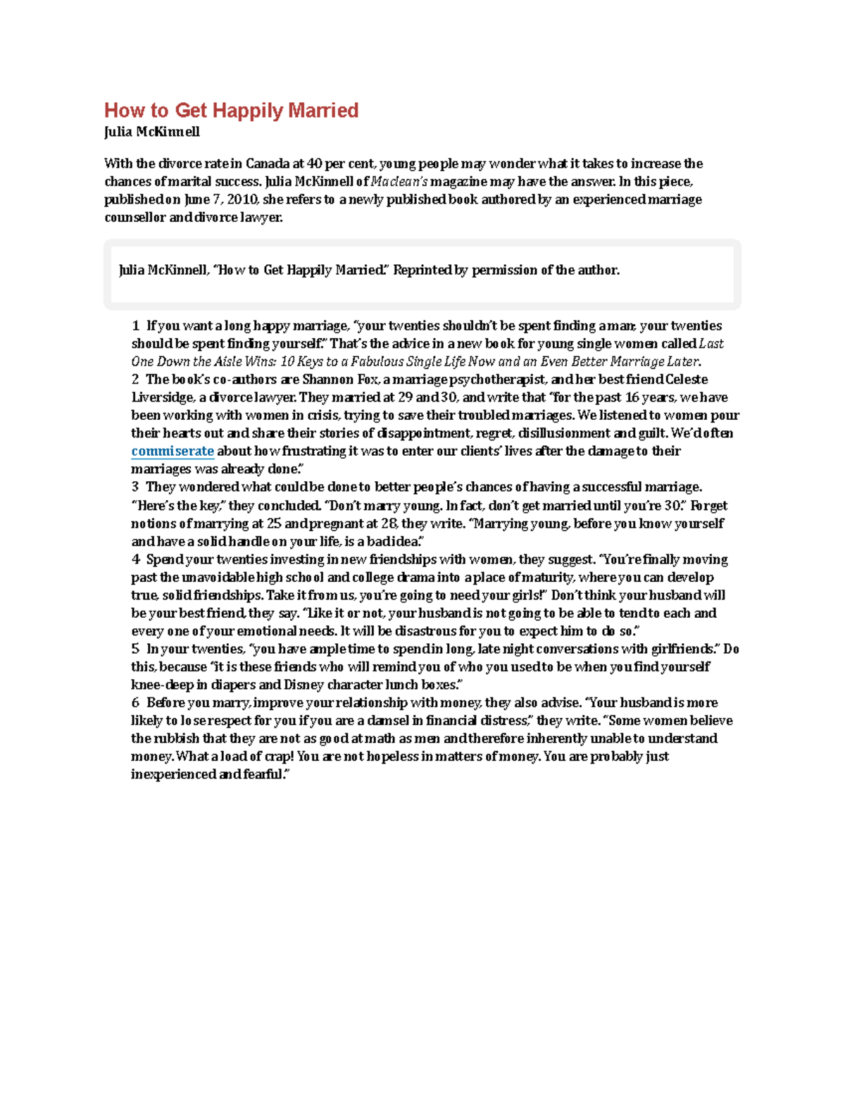 Comm 161 Happily Married Reading Writing Test 2 1 2 3 4 5 6 How to Get Happily Married