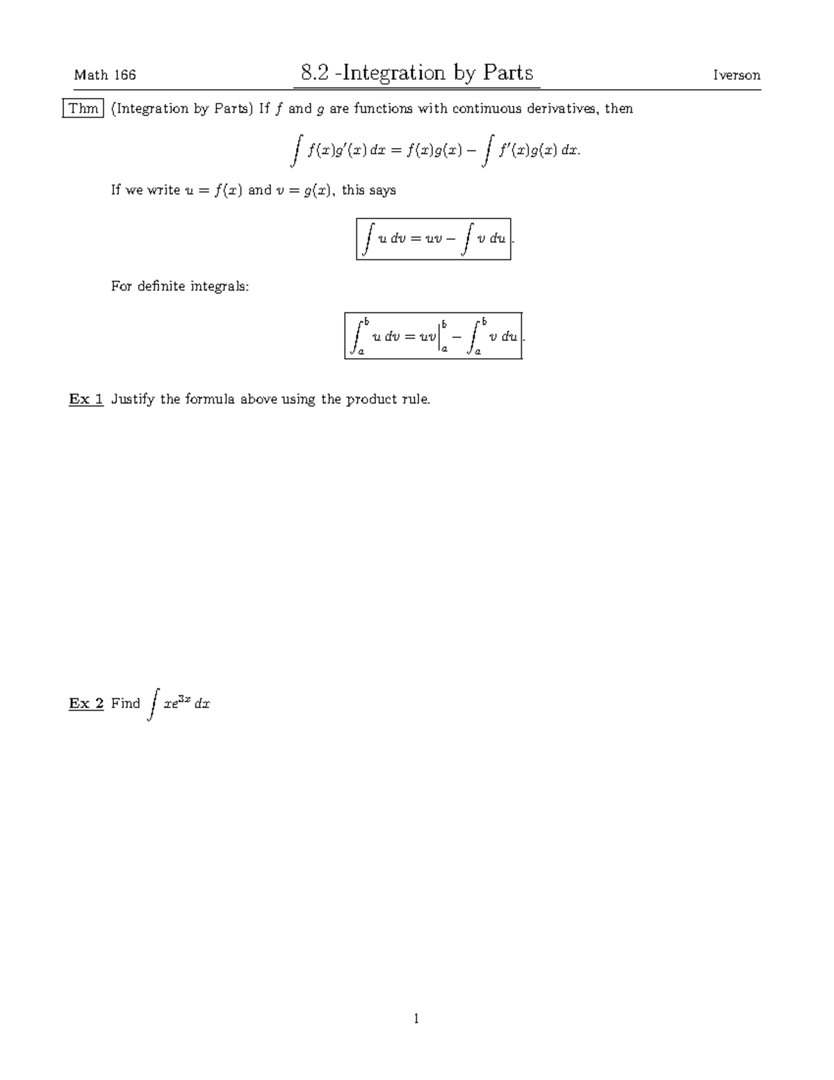 8.2 Notes - Thm (Integration by Parts) If f and g are functions with ...