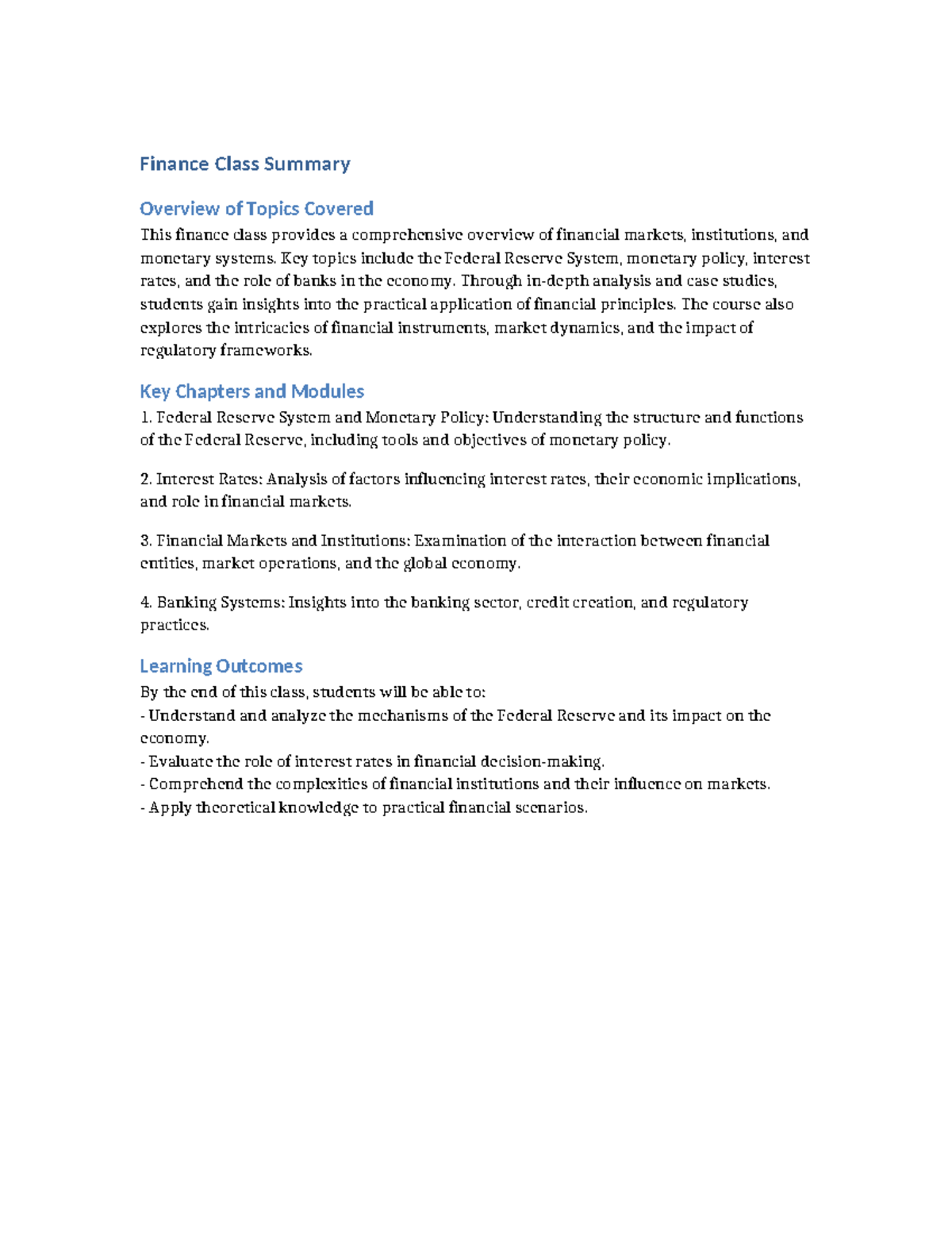 Finance Class Summary - Finance Class Summary Overview of Topics ...