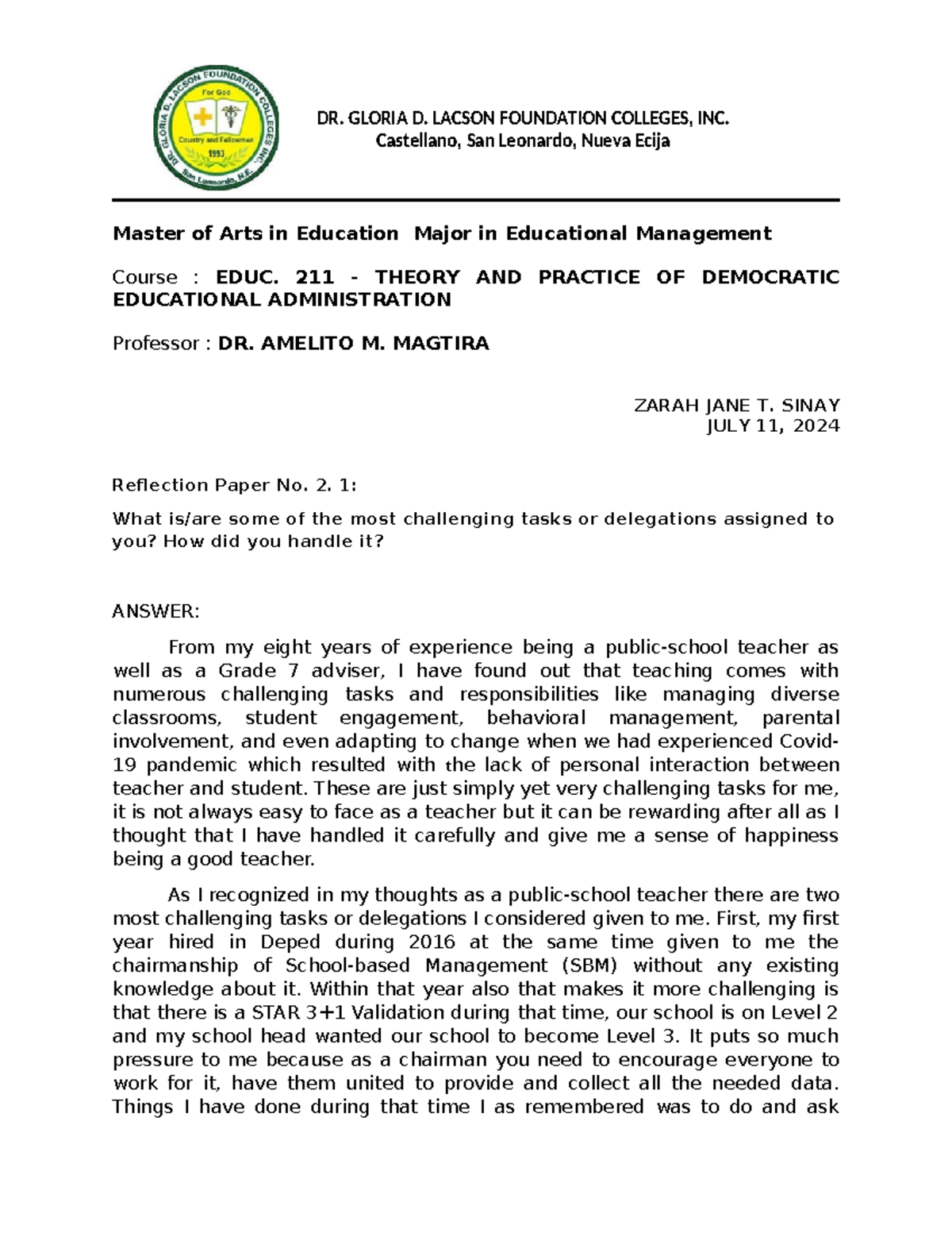 Zarah JANE T. Sinay-EDUC211. Reflection Paper NO - DR. GLORIA D. LACSON ...