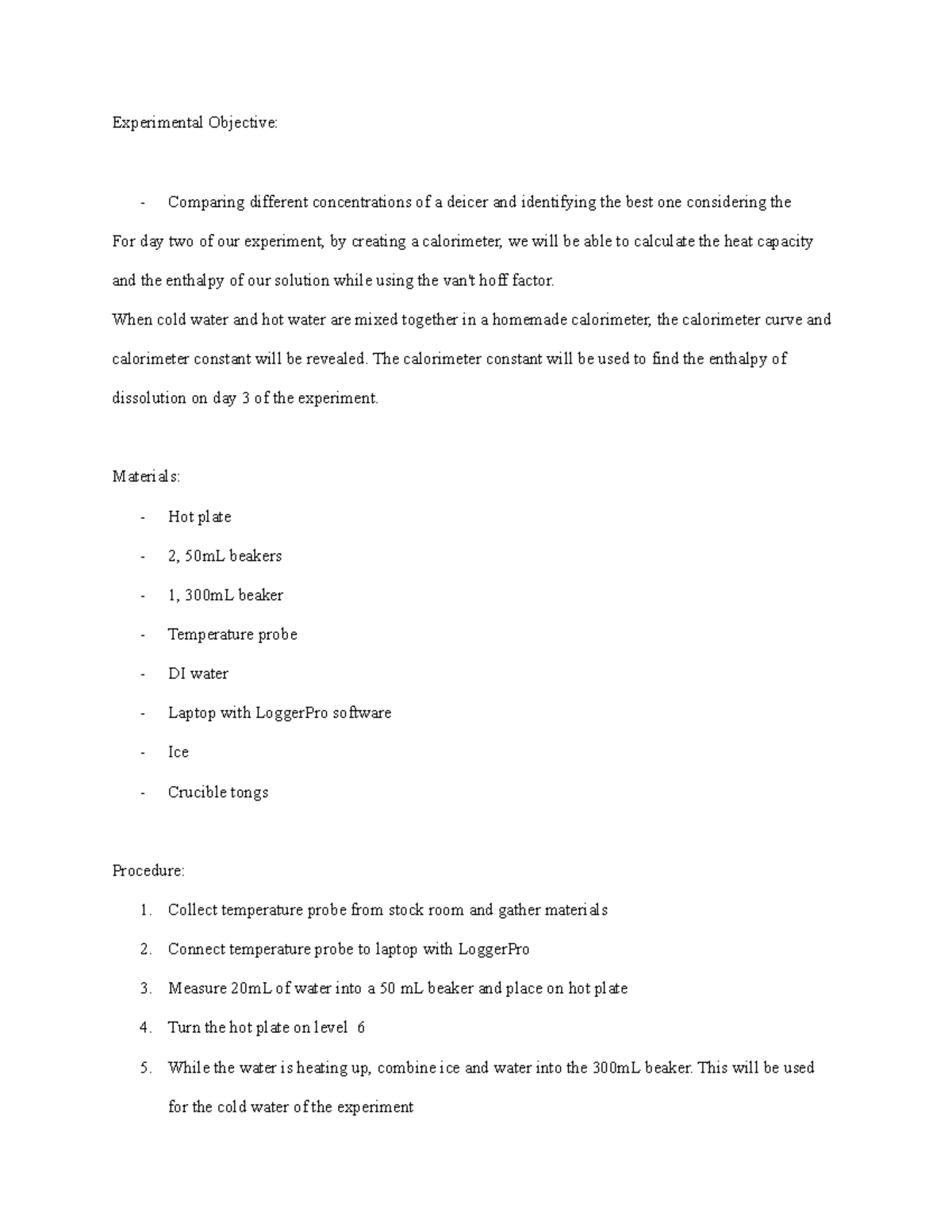 Deicer NP Pages Day 2 Experimental Objective Comparing different