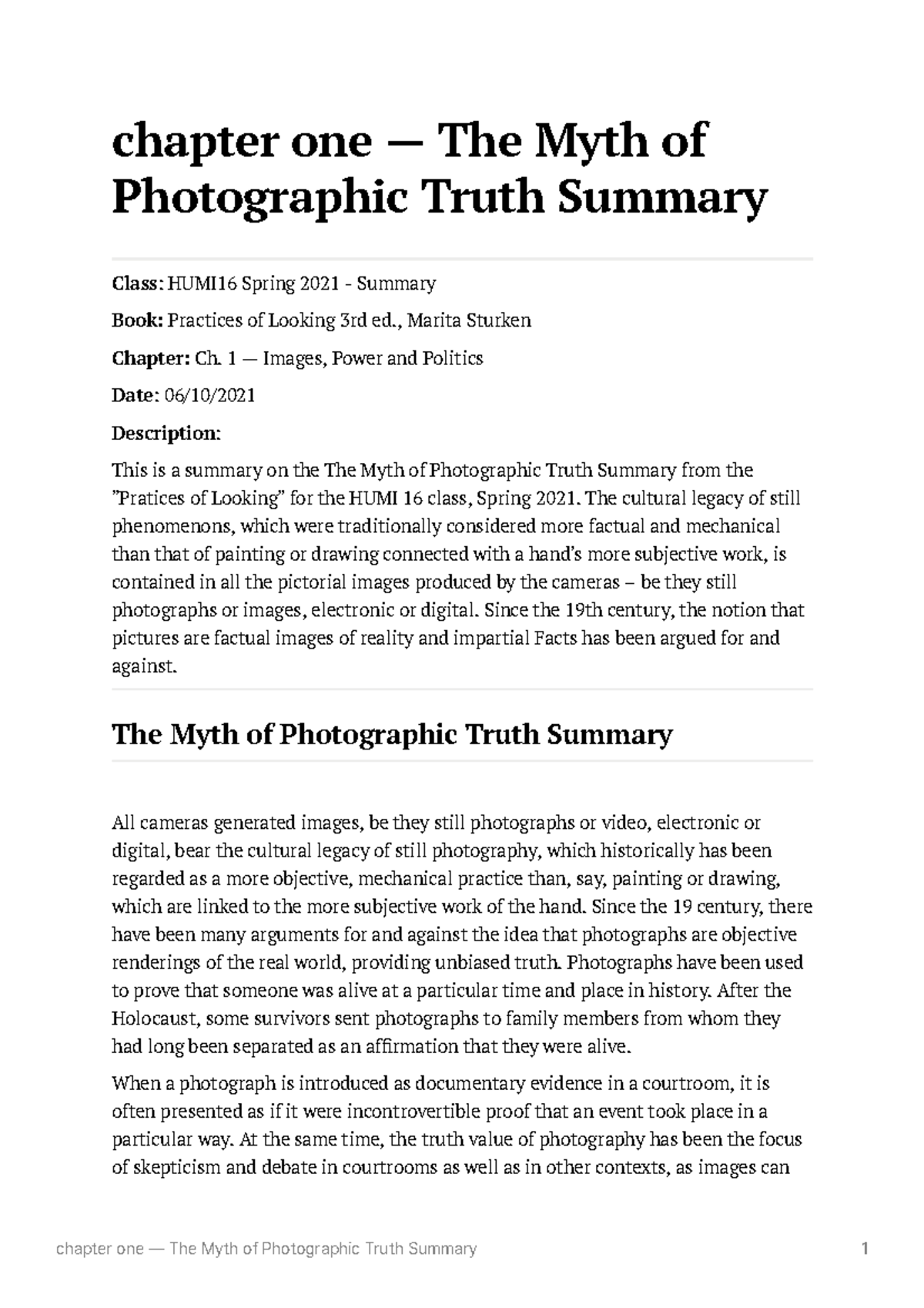 Chapter one the myth of photographic truth summary marita sturken