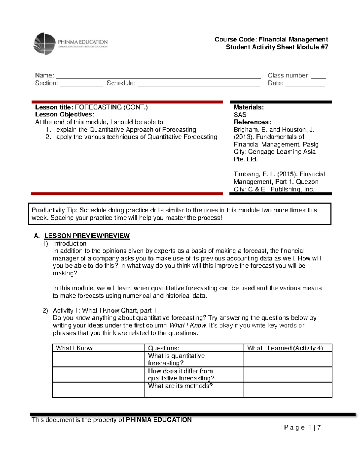SAS7-FIN081 - Notes - Student Activity Sheet Module # Name: - Studocu