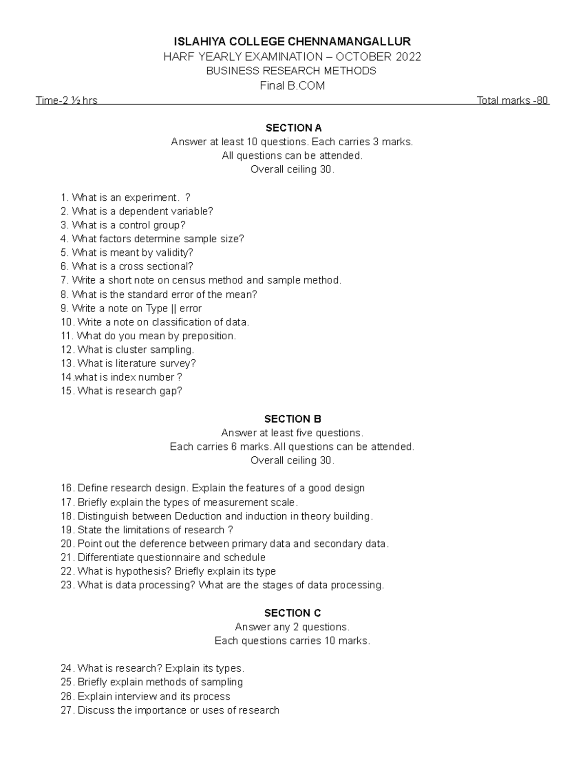 Haseeb 3DC BRM - BRM question paper - ISLAHIYA COLLEGE CHENNAMANGALLUR ...