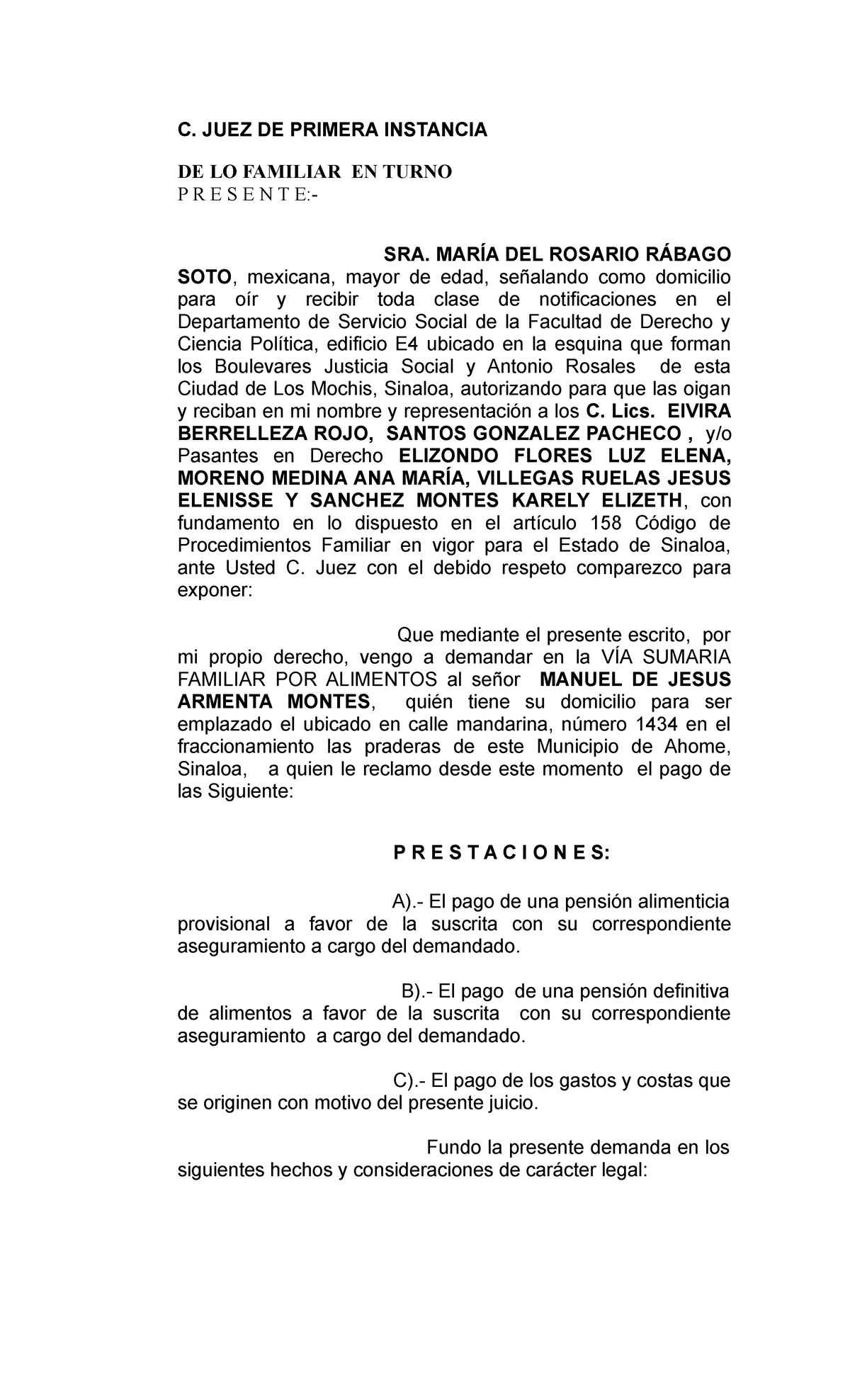 Inicial De Demanda De Alimentos C Juez De Primera Instancia De Lo Familiar En Turno P R E S E 8412