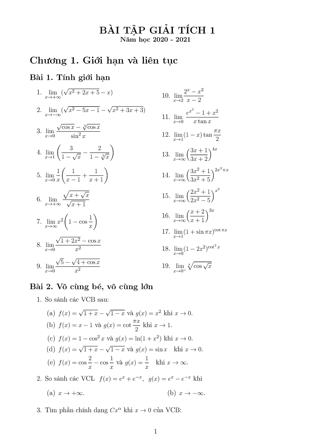 BTap GT 1-2020 - Siu - BÀI TẬP GIẢI TÍCH 1 Năm Học 2020 - 2021 Chương 1 ...