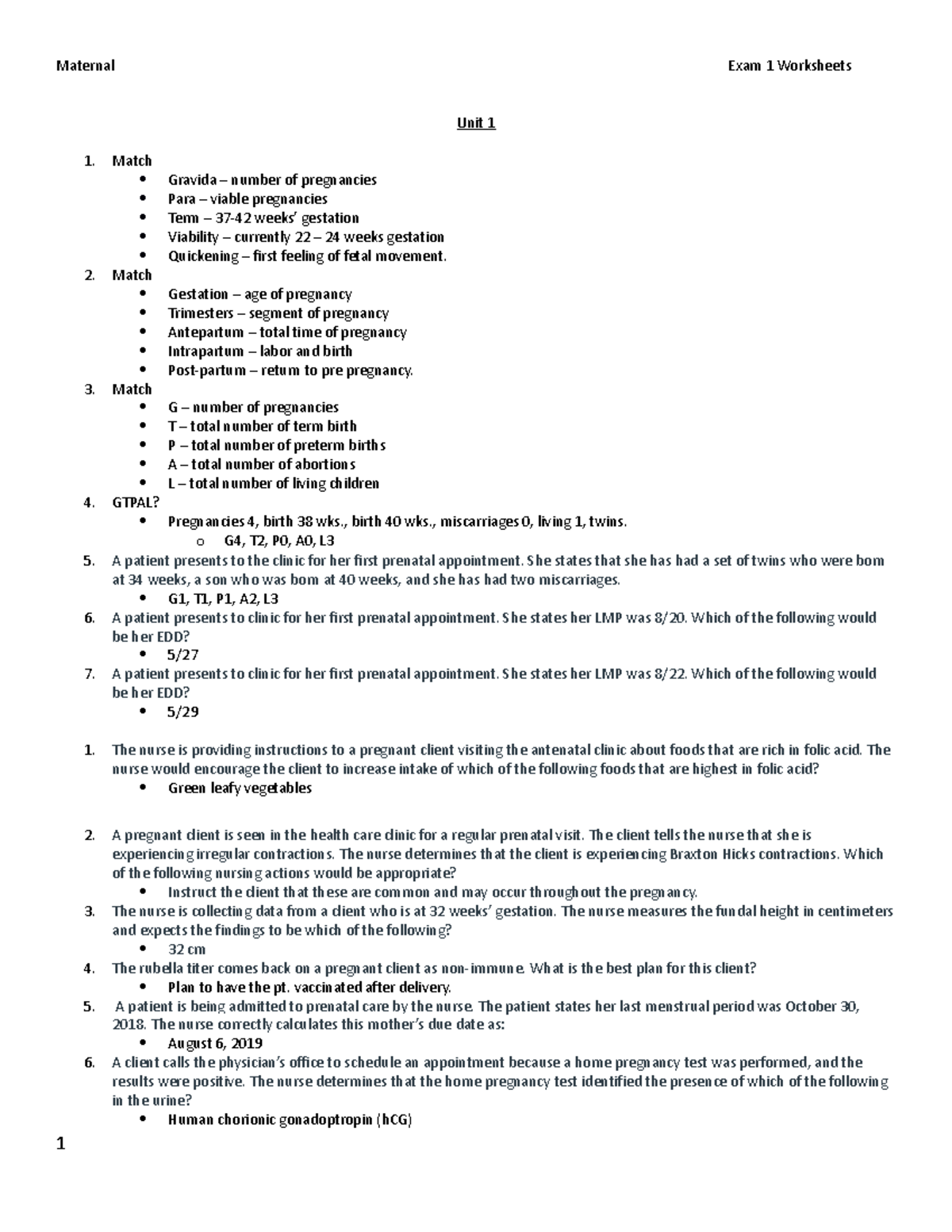 Maternal Exam 1 Worksheets - Maternal Exam 1 Worksheets Unit 1 Match ...