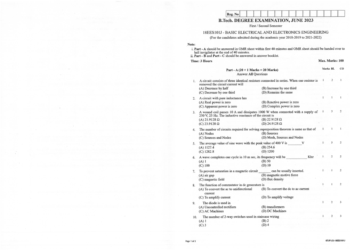 18EES101J - PYQ - Basic Electrical And Electronics Engineering - Studocu