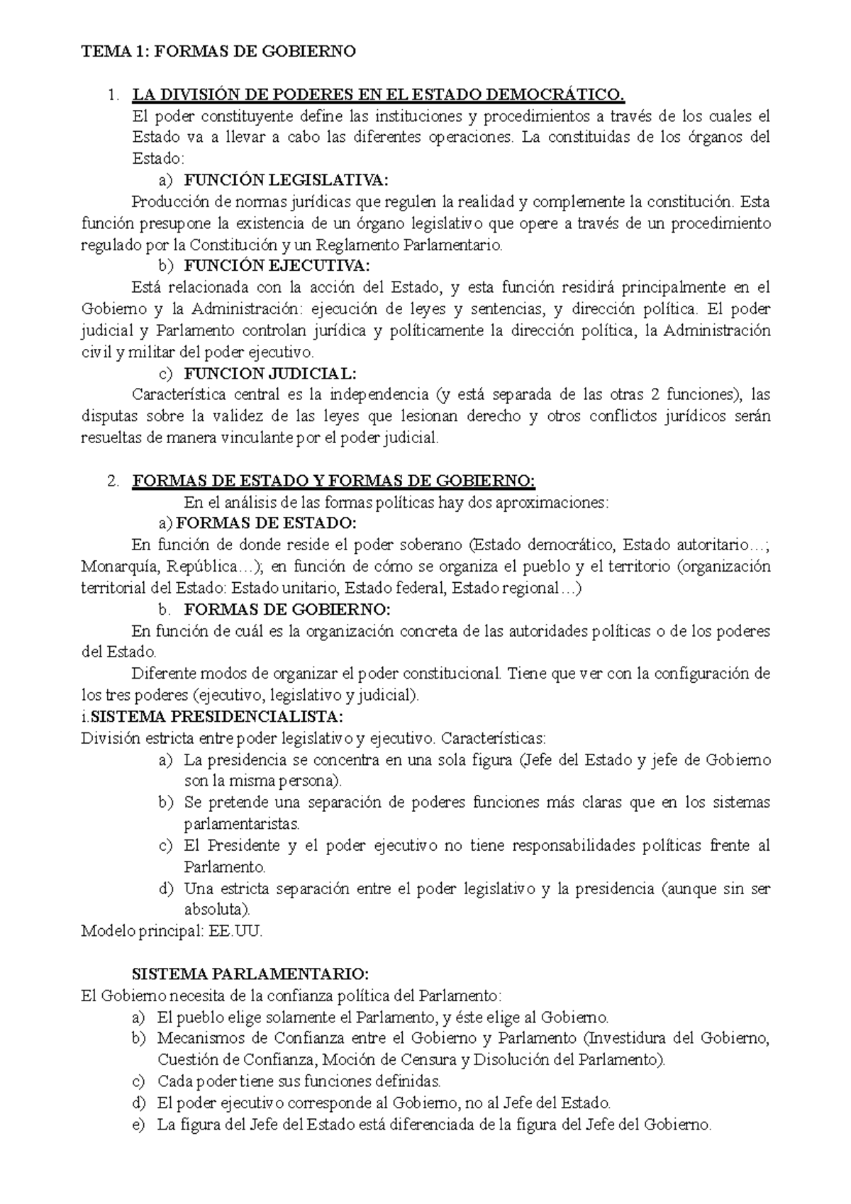 Derecho Constitucional II - TEMA 1: FORMAS DE GOBIERNO 1. LA DIVISIÓN ...