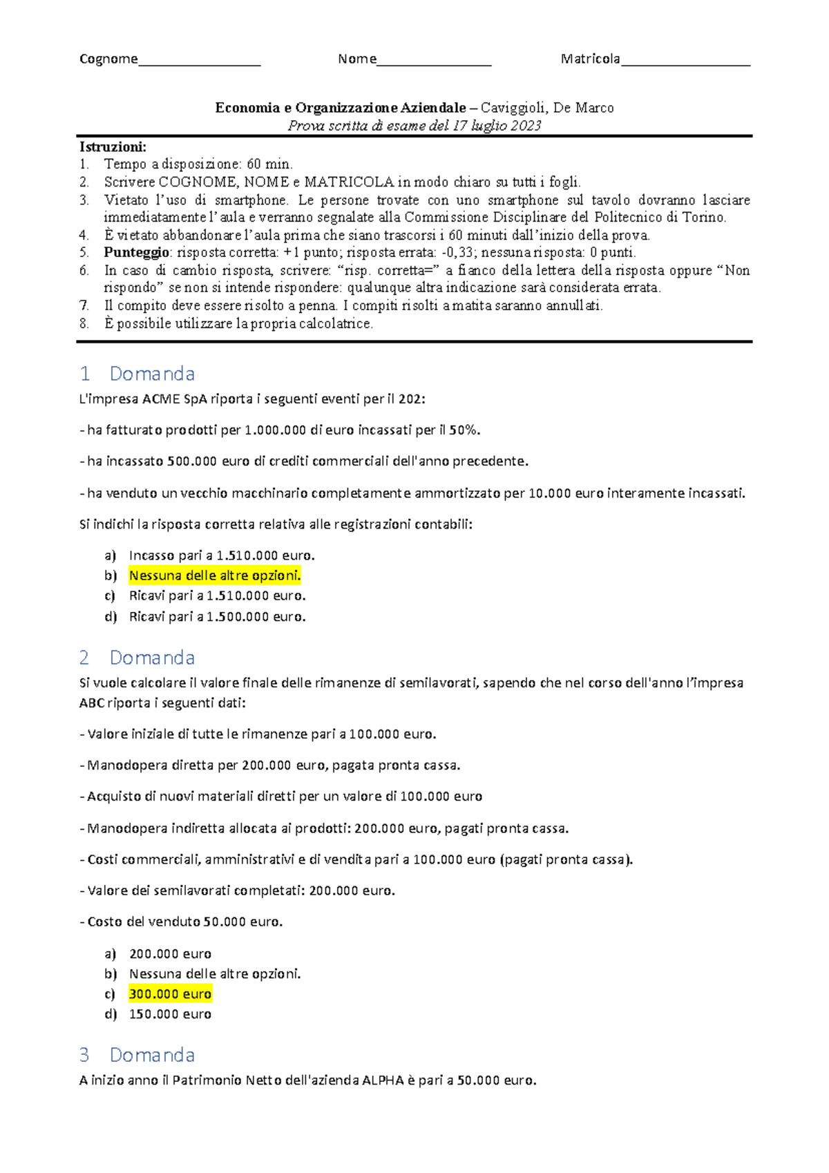 20230717 Traccia B Con Soluzioni - Economia E Organizzazione Aziendale ...