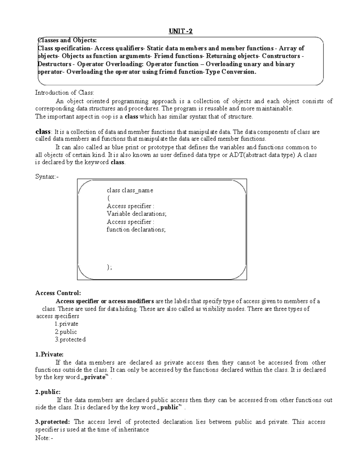 UNIT 2 - vbbnv - Classes and Objects: Class specification- Access ...