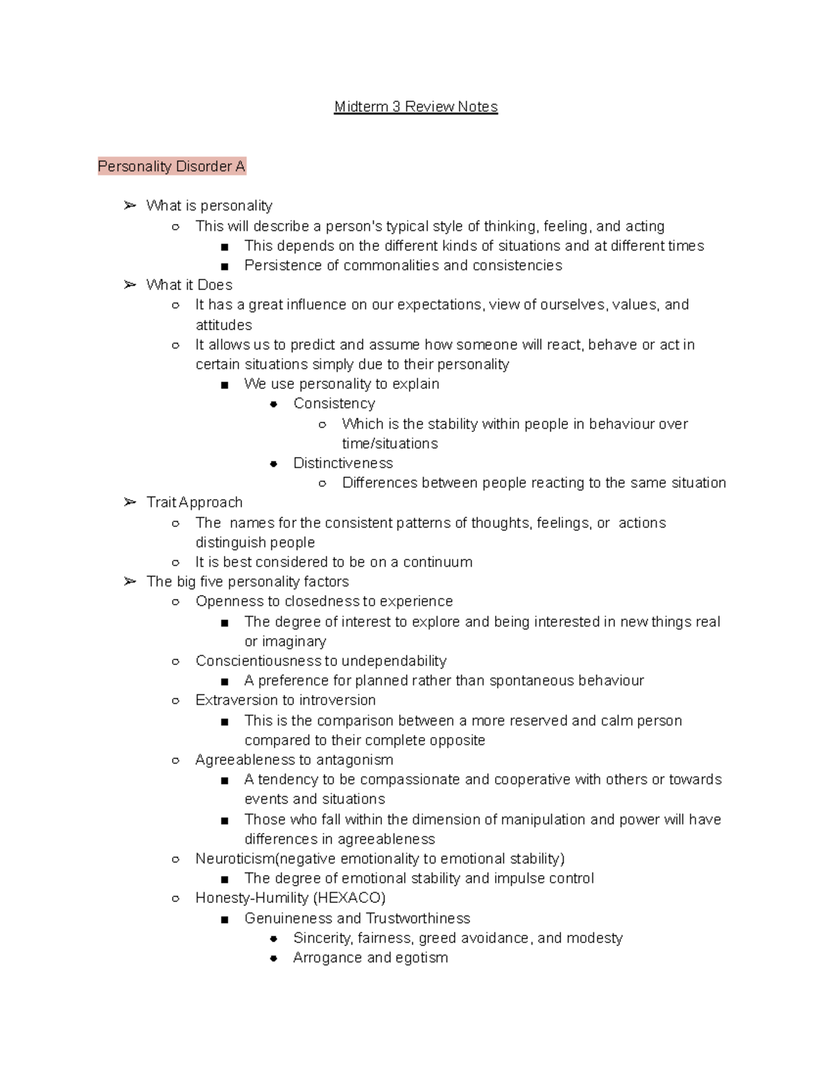 Abnormal Psychology Part 3 - Midterm 3 Review Notes Personality ...