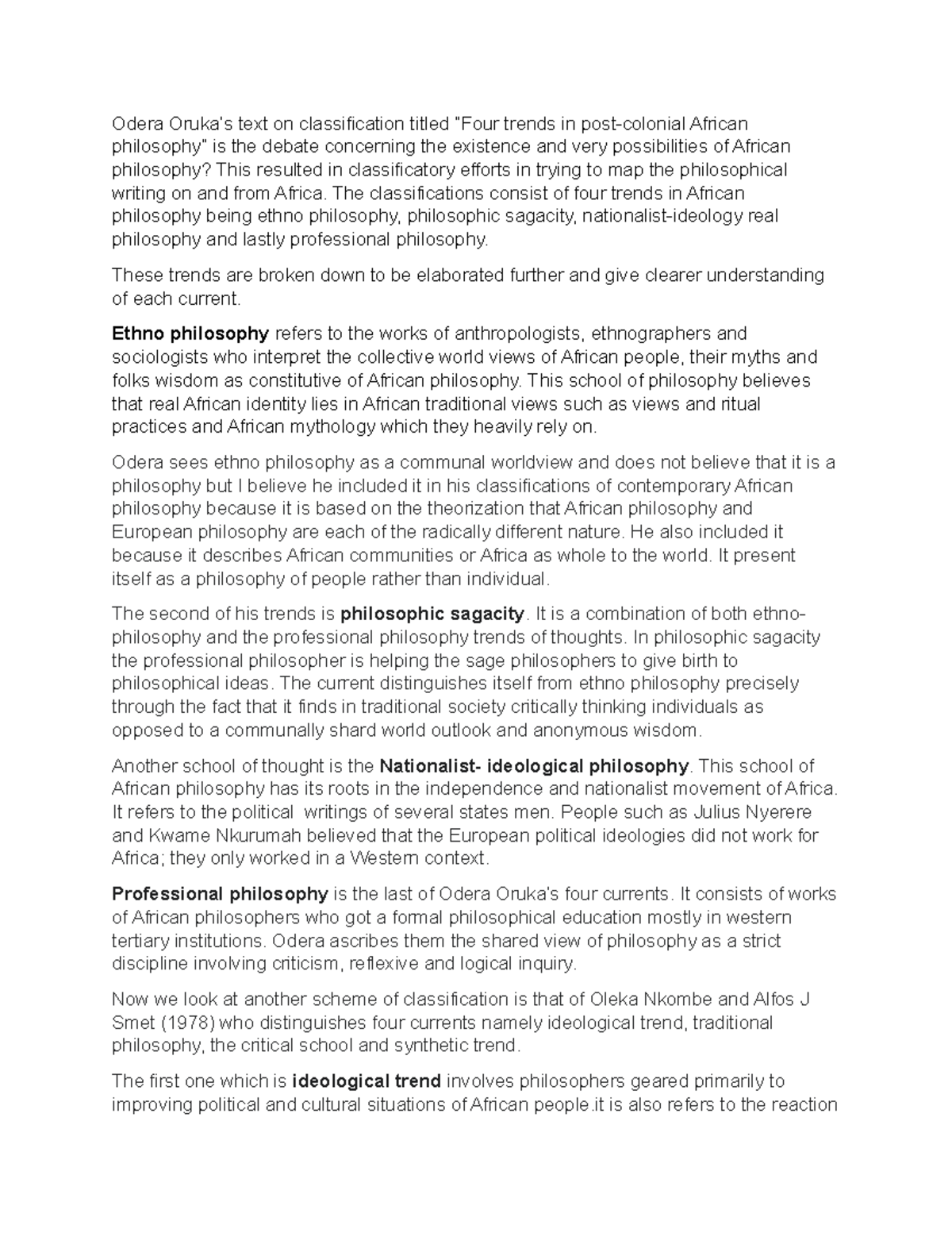 Odera Oruka - Odera Oruka’s text on classification titled “Four trends ...