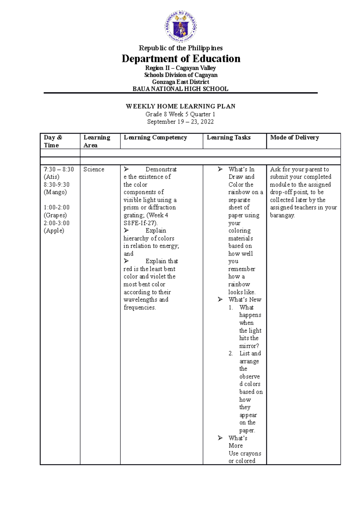 WHLP Science 8 Quarter 1 Module 5 - Republic of the Philippines ...