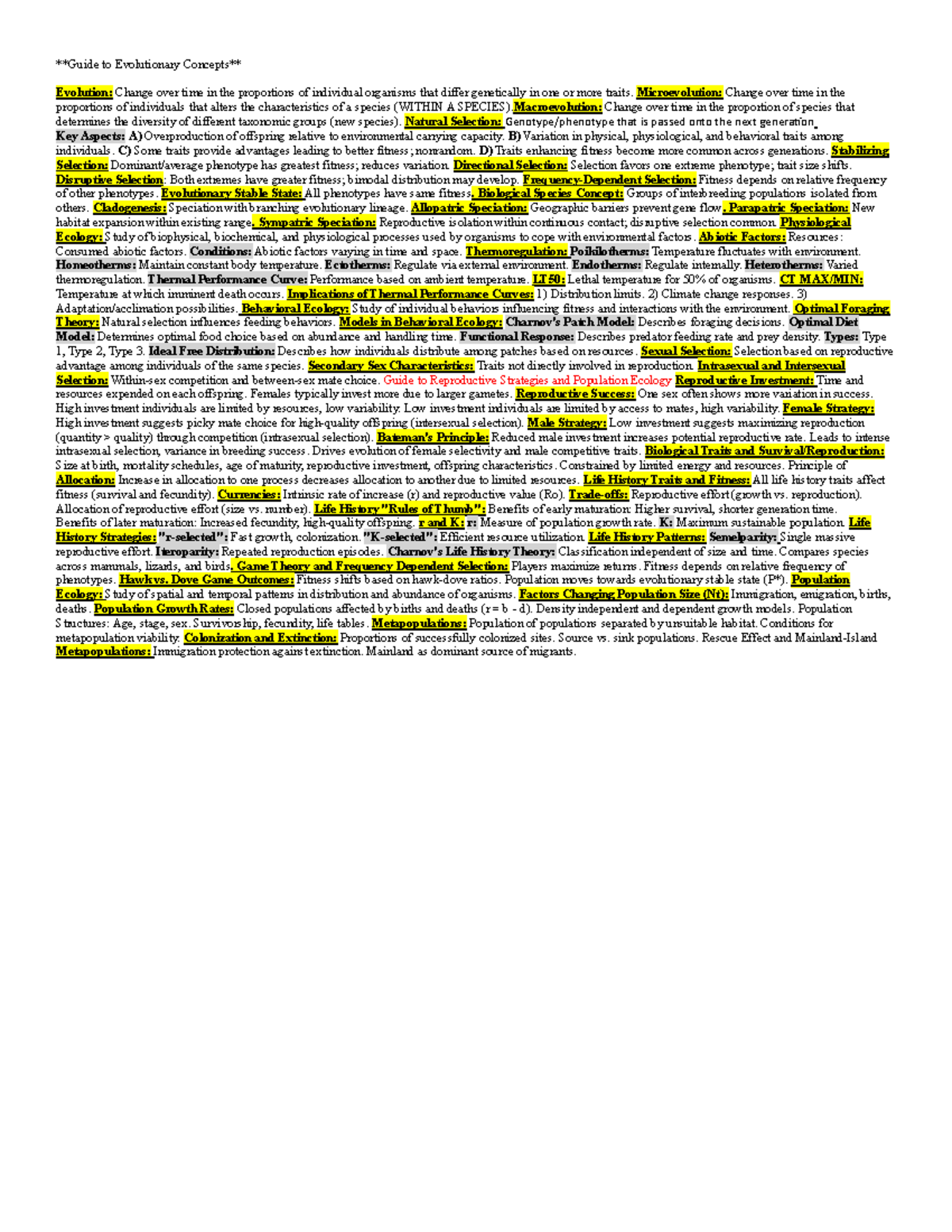 DEFENTIONS AND TERMS - Guide to Evolutionary Concepts Evolution: Change ...