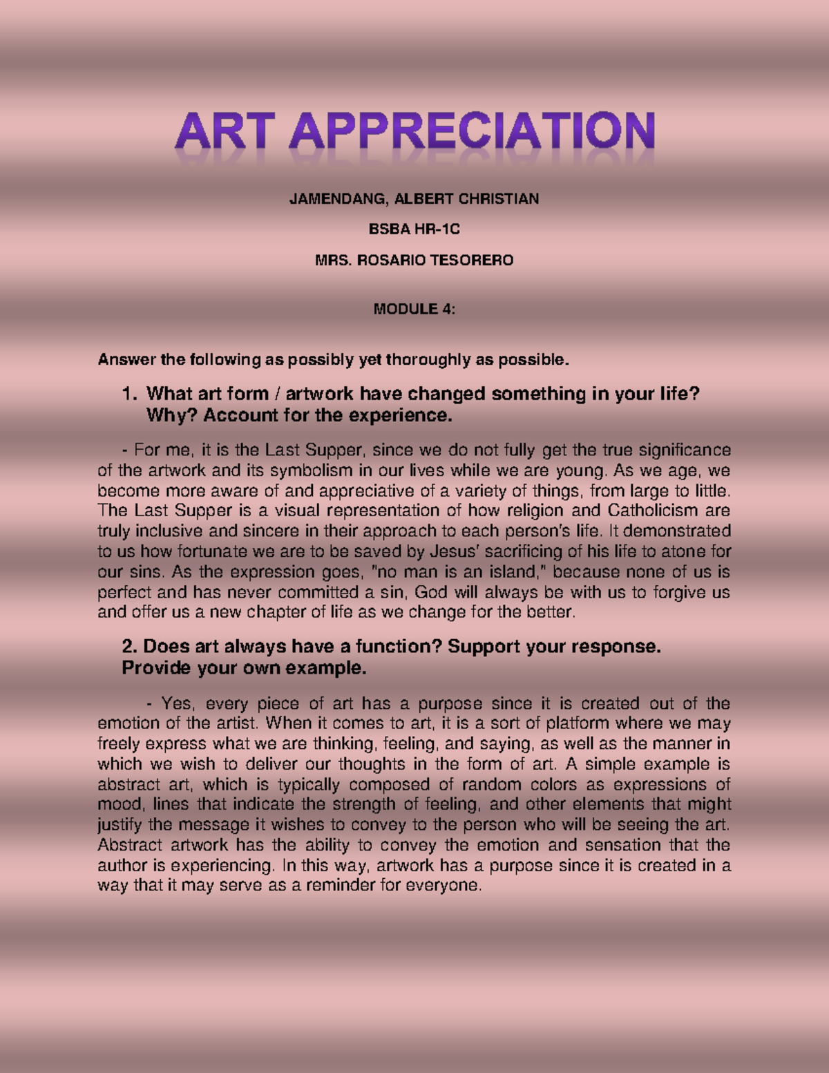ART Appreciation Assignment 13 JAMENDANG, ALBERT CHRISTIAN BSBA HR