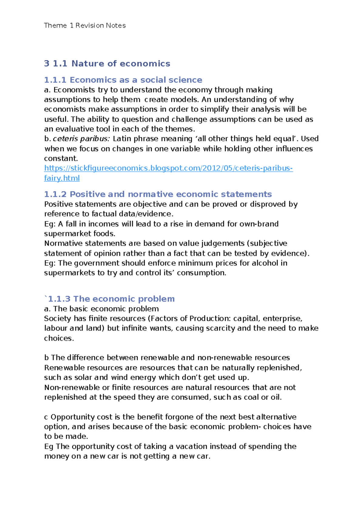 Edexcel Economics A Theme notes - 3 1 Nature of economics 1.1 Economics ...