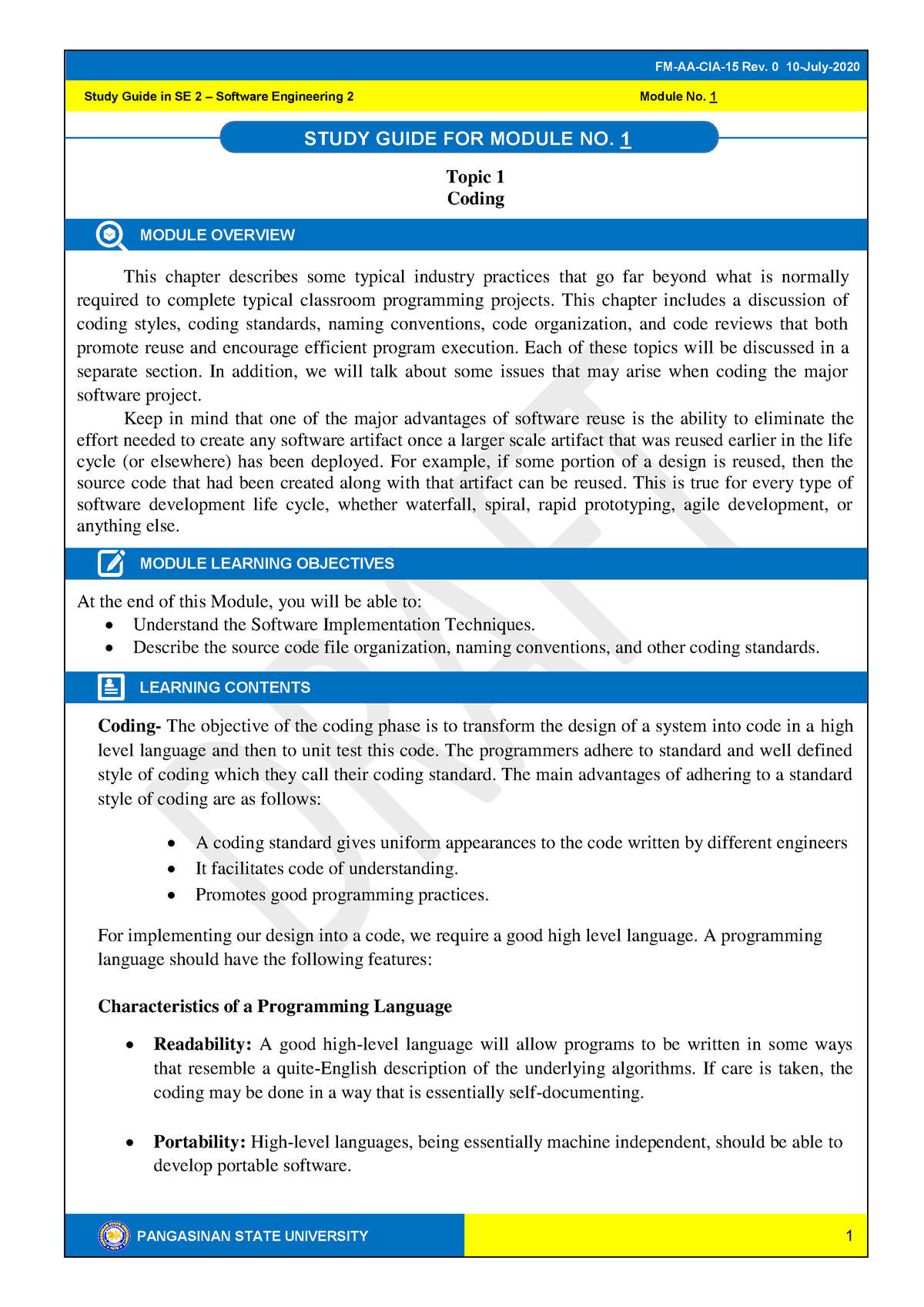 Module 1 - DC1 - PANGASINAN STATE UNIVERSITY Study Guide in SE 2 ...