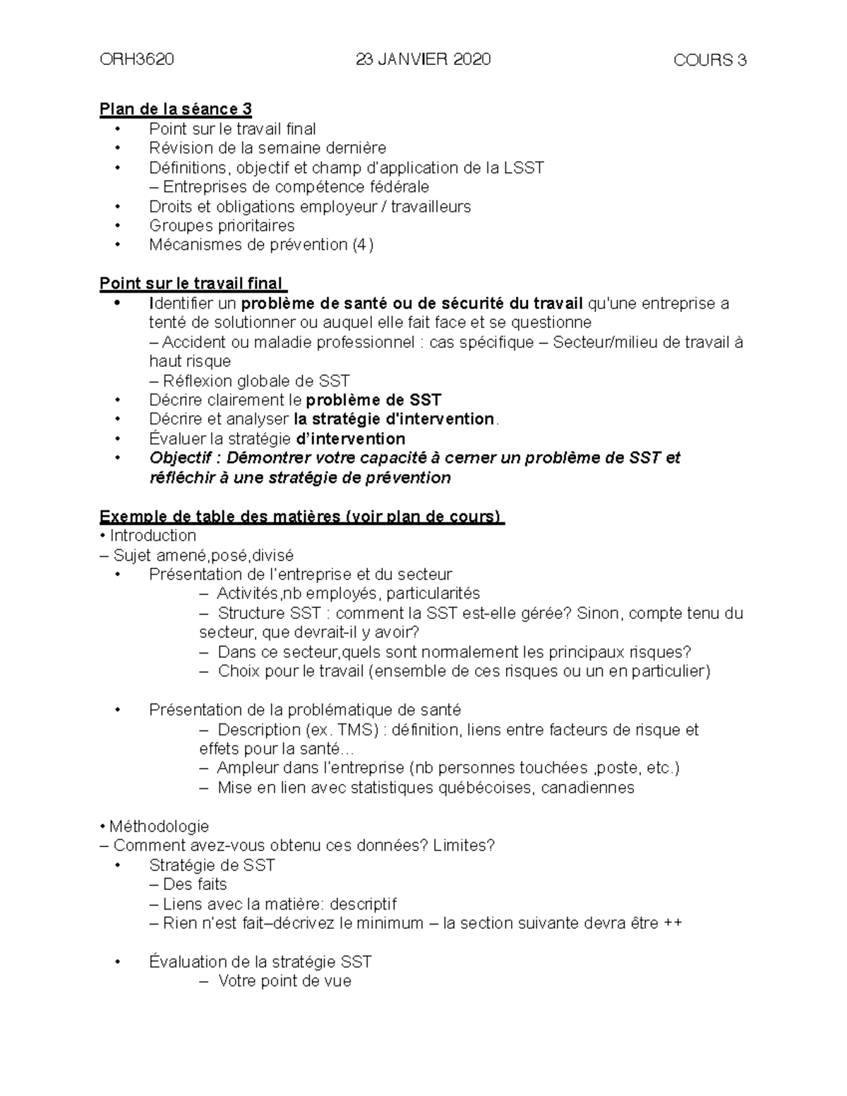 ORH3620 Cours 3 - Plan De La Séance 3 Point Sur Le Travail Final ...