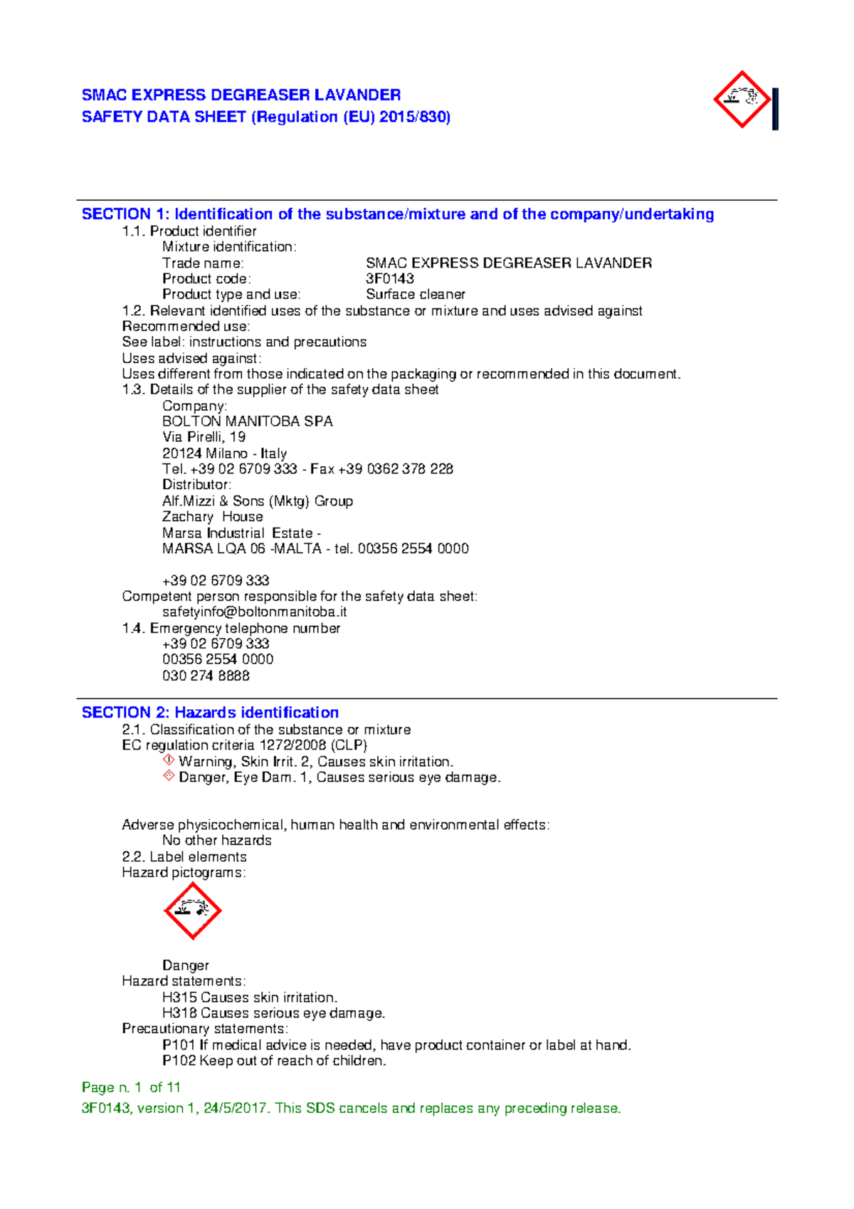3f0143Smac Express Degreaser Lavender SAFETY DATA SHEET (Regulation