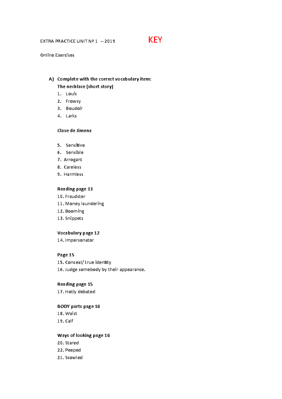 Extra Practice UNIT No 1 KEY - EXTRA PRACTICE UNIT Nº 1 - 2019 KEY ...