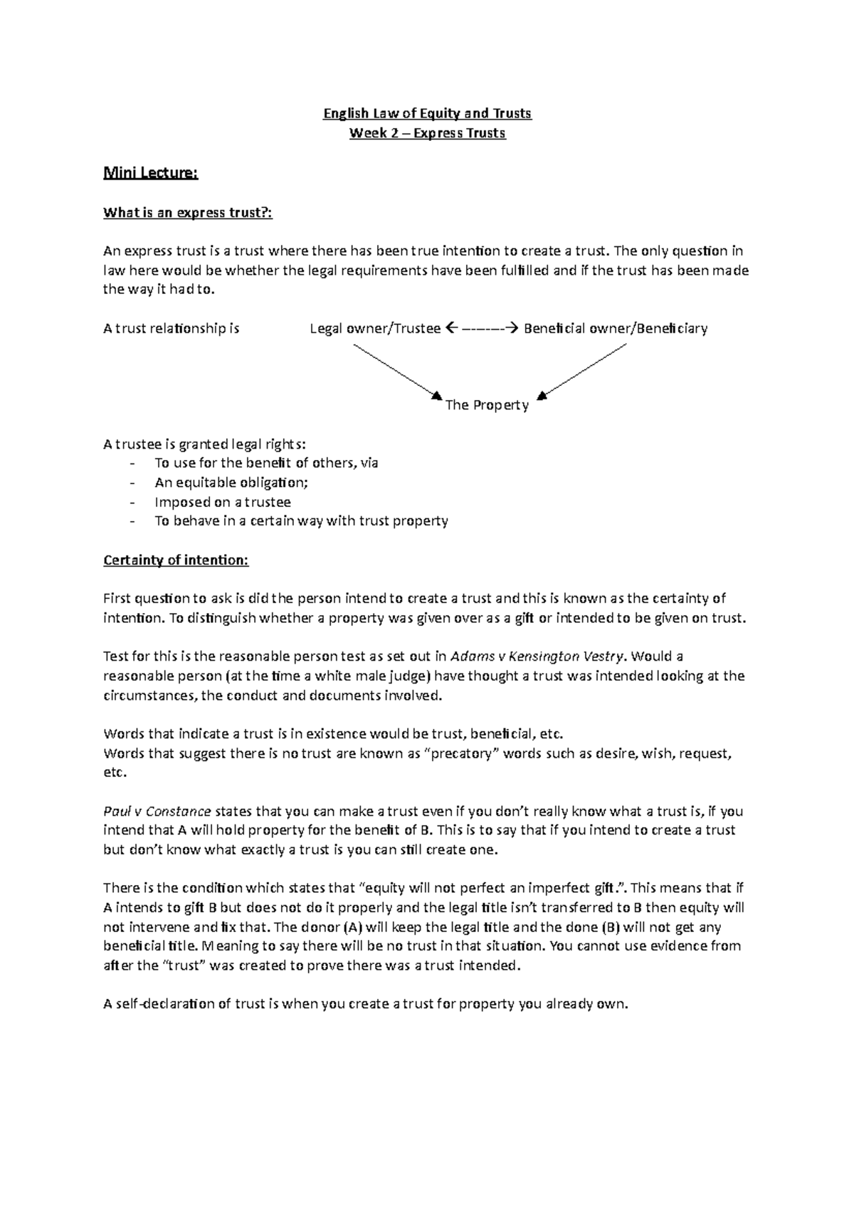 English Law of Equity and Trusts Week 2 - The only question in law here ...