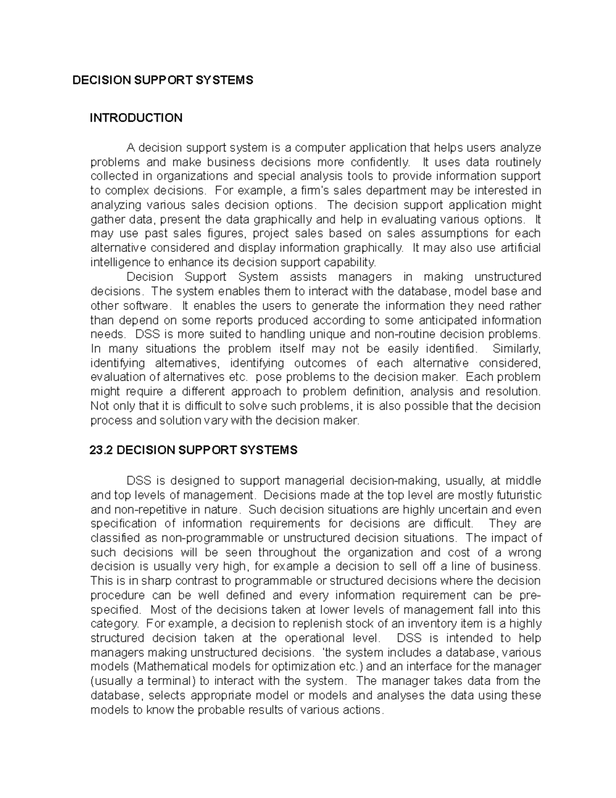 Decision Support Systems - DECISION SUPPORT SYSTEMS INTRODUCTION A ...
