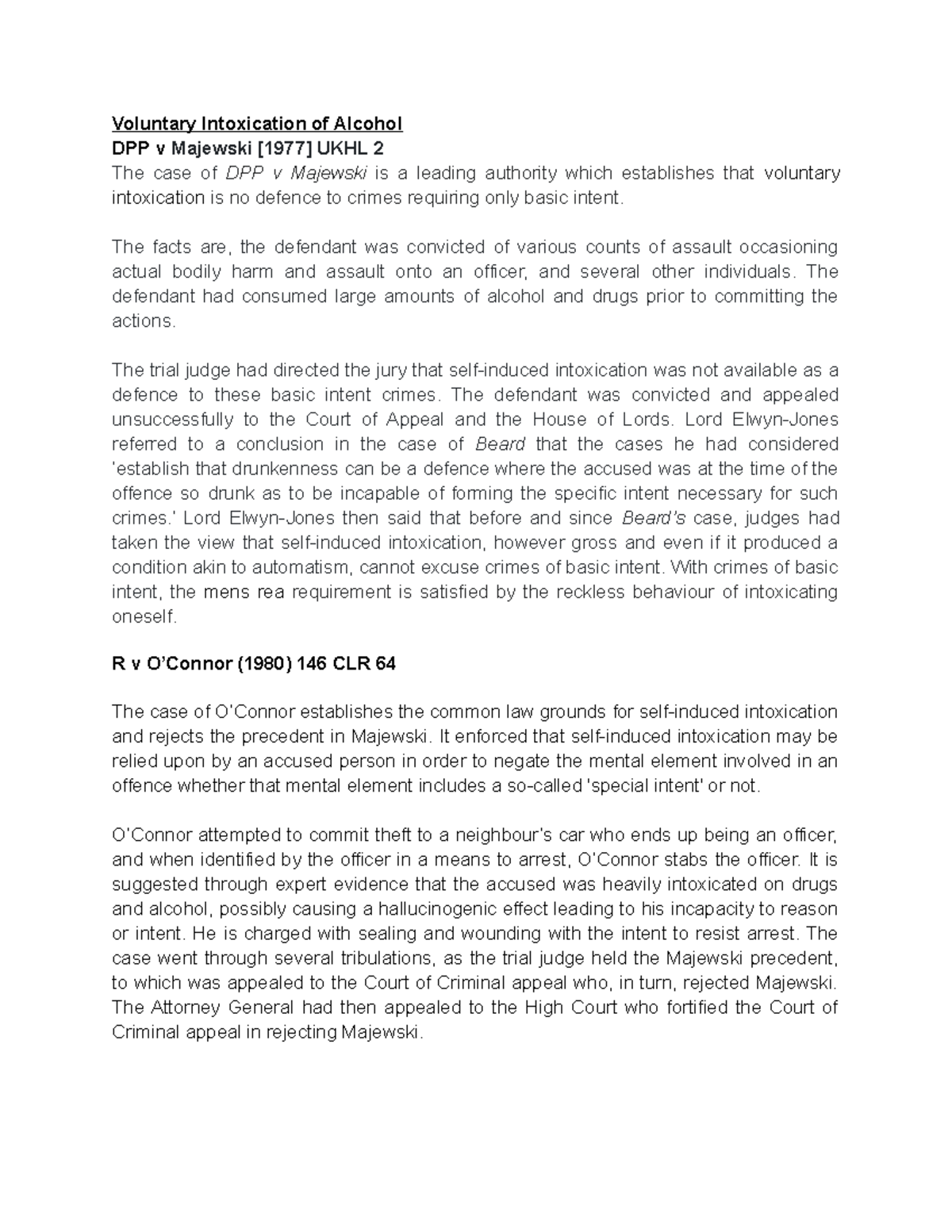 Adv crim speech Voluntary Intoxication of Alcohol DPP v Majewski