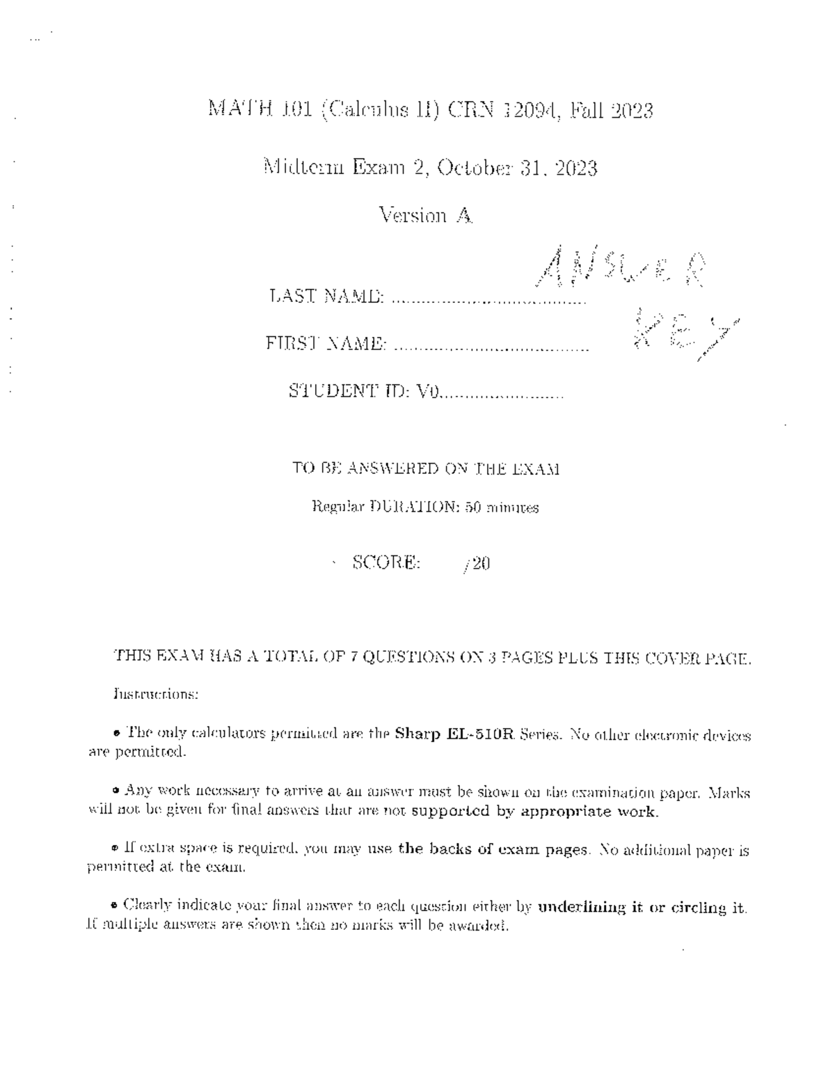 Answer Key MT2 Version A math101 - Math101 - Studocu