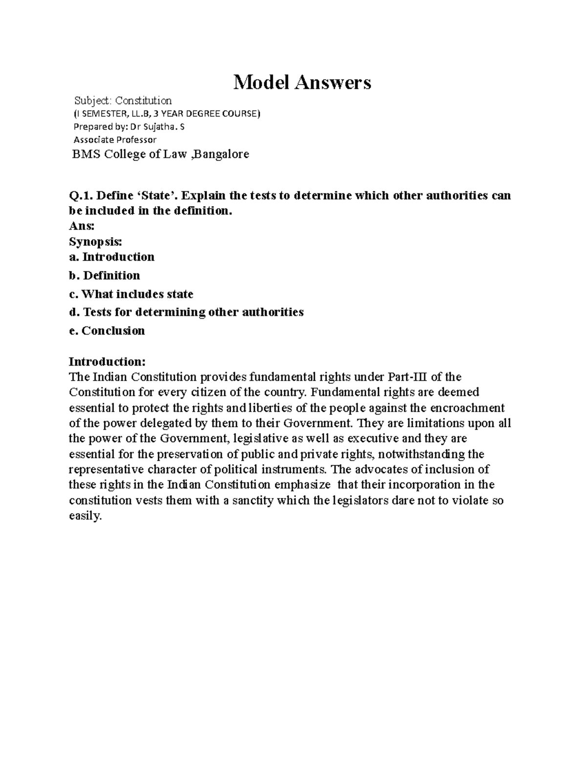 Model Answers - Model Answers Subject: Constitution (I SEMESTER, LL, 3 ...