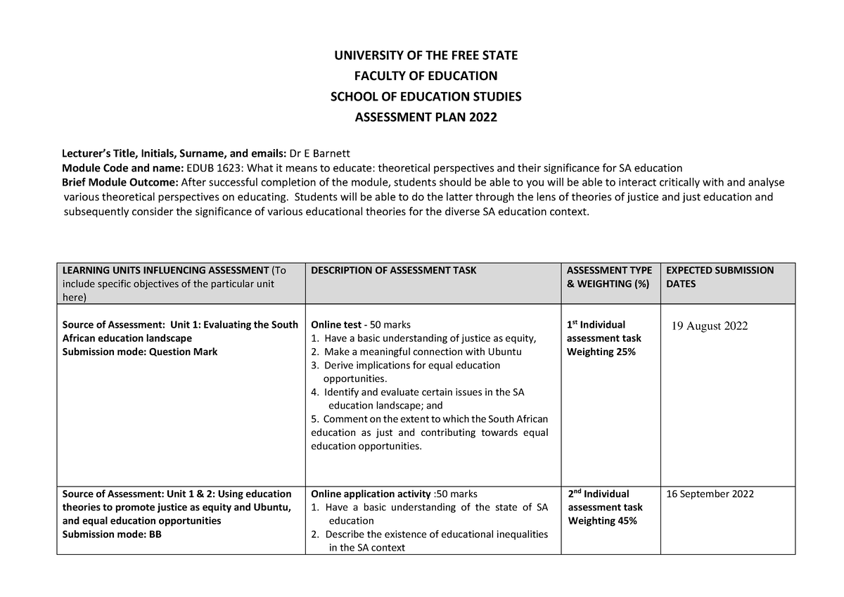 EDUB 1623 Assessment PLAN 2022 - UNIVERSITY OF THE FREE STATE FACULTY ...